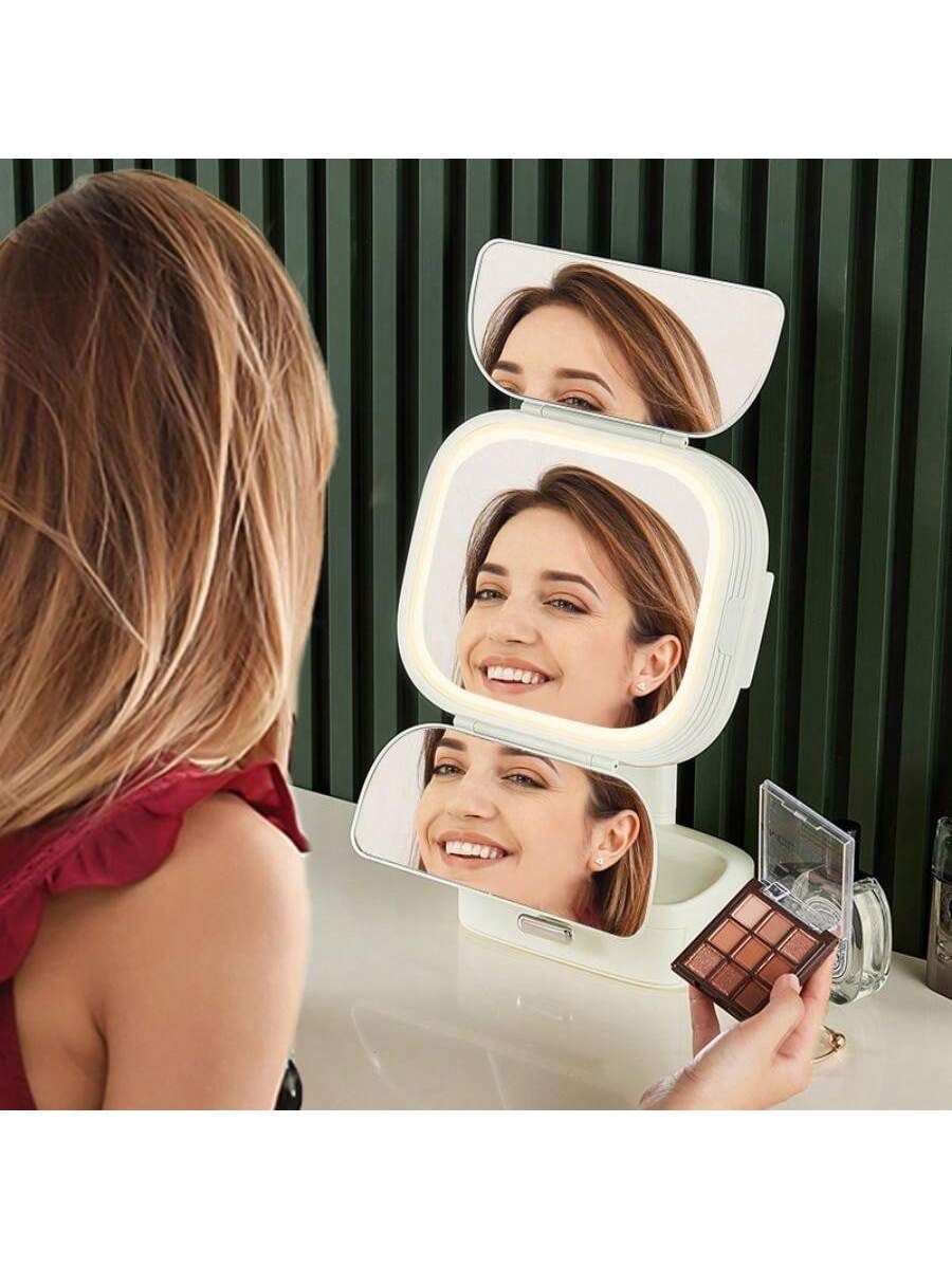 Tri-Fold Illuminated Vanity Mirror - 3x/2x Magnification, Rechargeable, Foldable, Dimmable Color Lighting Modes, 180 Degree Free Rotation Countertop Makeup Mirror, Travel Makeup Mirror - Christmas, Thanksgiving, Valentine's Day And New Year Gift