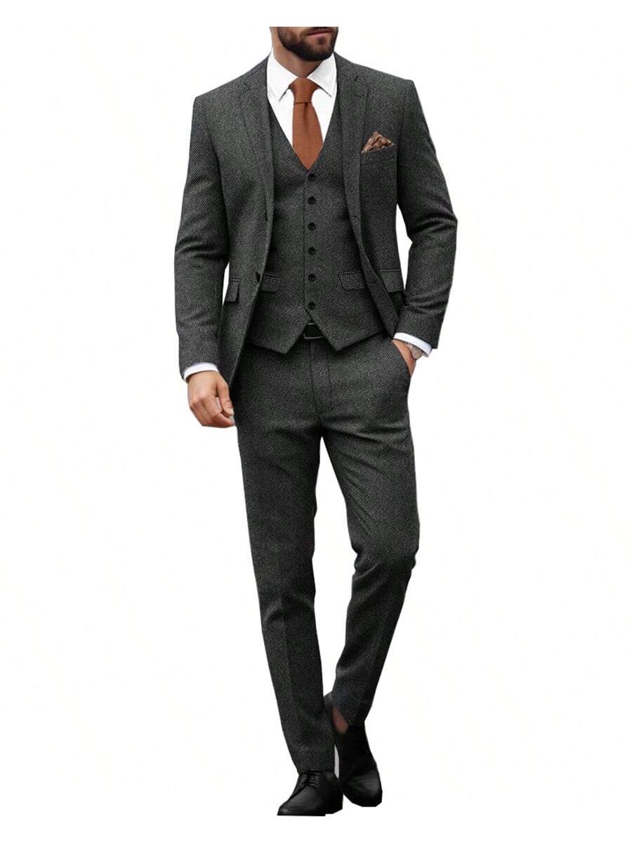 Mens Herringbone Tweed Suit 3 Piece Suit Two Buttons Wool Suits 1920's Themed Wedding Suit