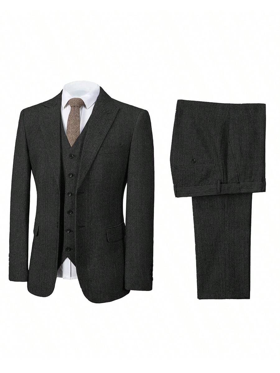 Mens Herringbone Tweed Suit 3 Piece Suit Two Buttons Wool Suits 1920's Themed Wedding Suit