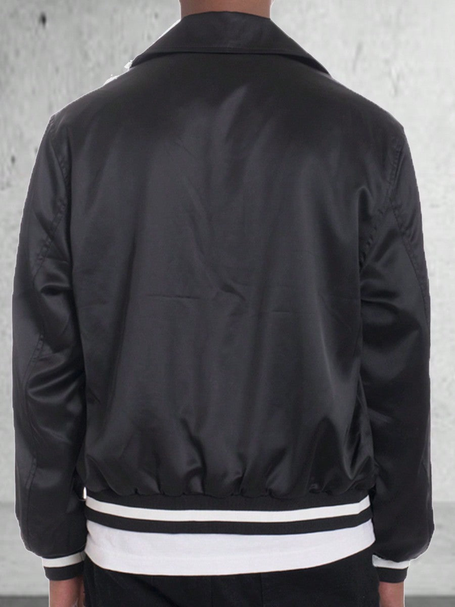 Men's Plain Varsity Jacket Satin Casual Stand Collar Solid Baseball Striped Flight Jacket