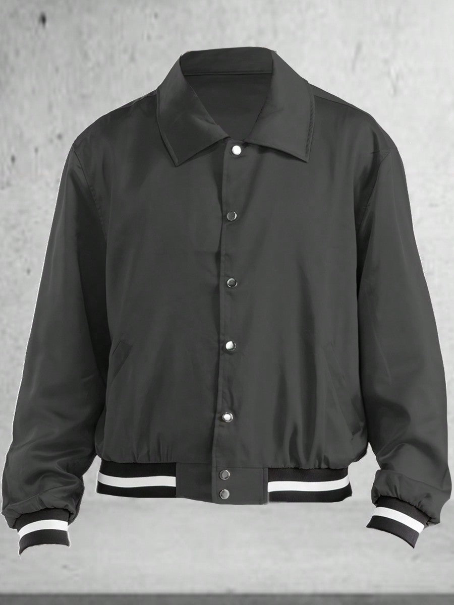 Men's Plain Varsity Jacket Satin Casual Stand Collar Solid Baseball Striped Flight Jacket