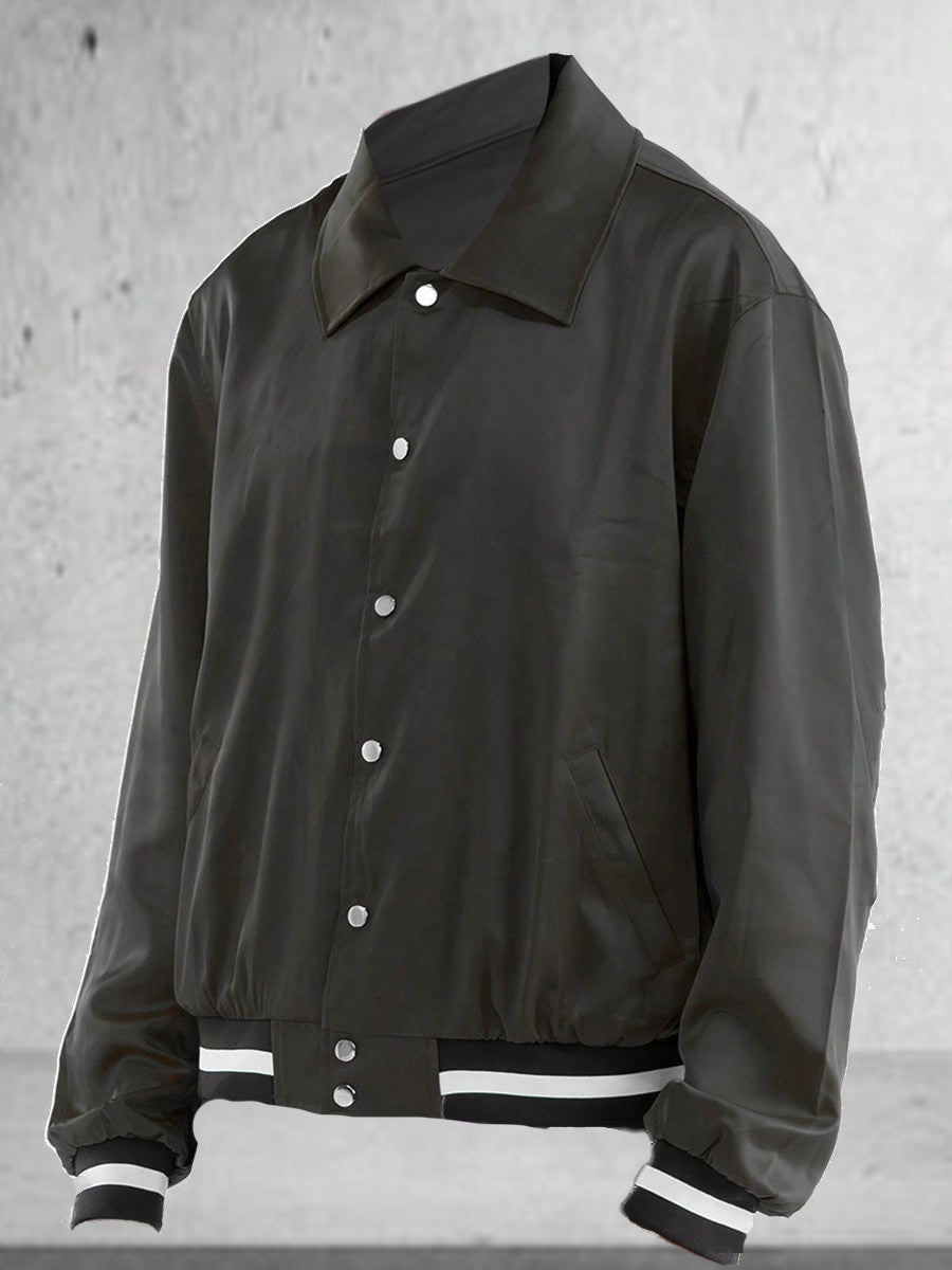 Men's Plain Varsity Jacket Satin Casual Stand Collar Solid Baseball Striped Flight Jacket