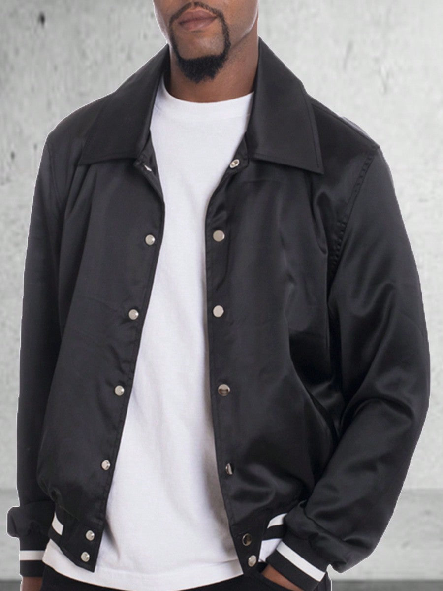 Men's Plain Varsity Jacket Satin Casual Stand Collar Solid Baseball Striped Flight Jacket