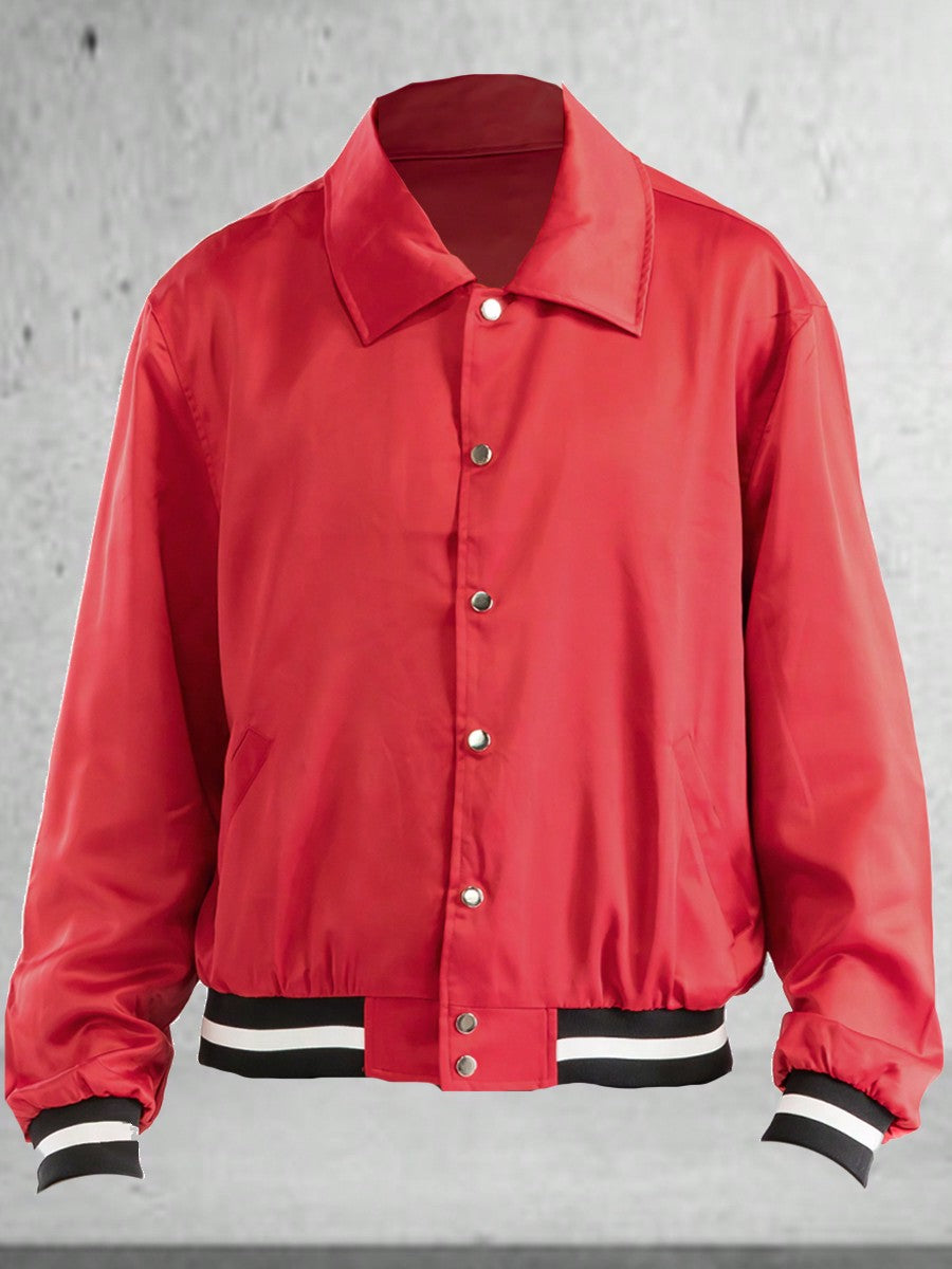 Men's Plain Varsity Jacket Satin Casual Stand Collar Solid Baseball Striped Flight Jacket