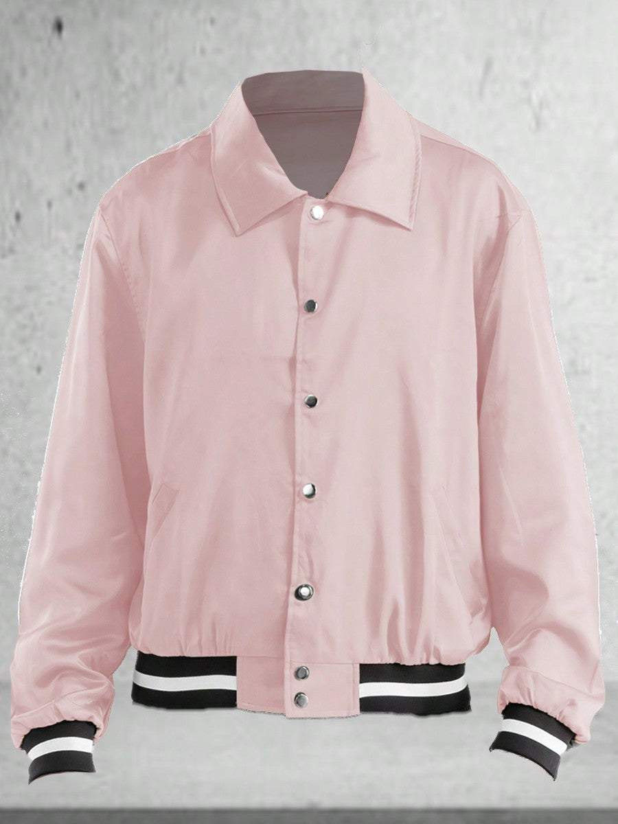 Men's Plain Varsity Jacket Satin Casual Stand Collar Solid Baseball Striped Flight Jacket