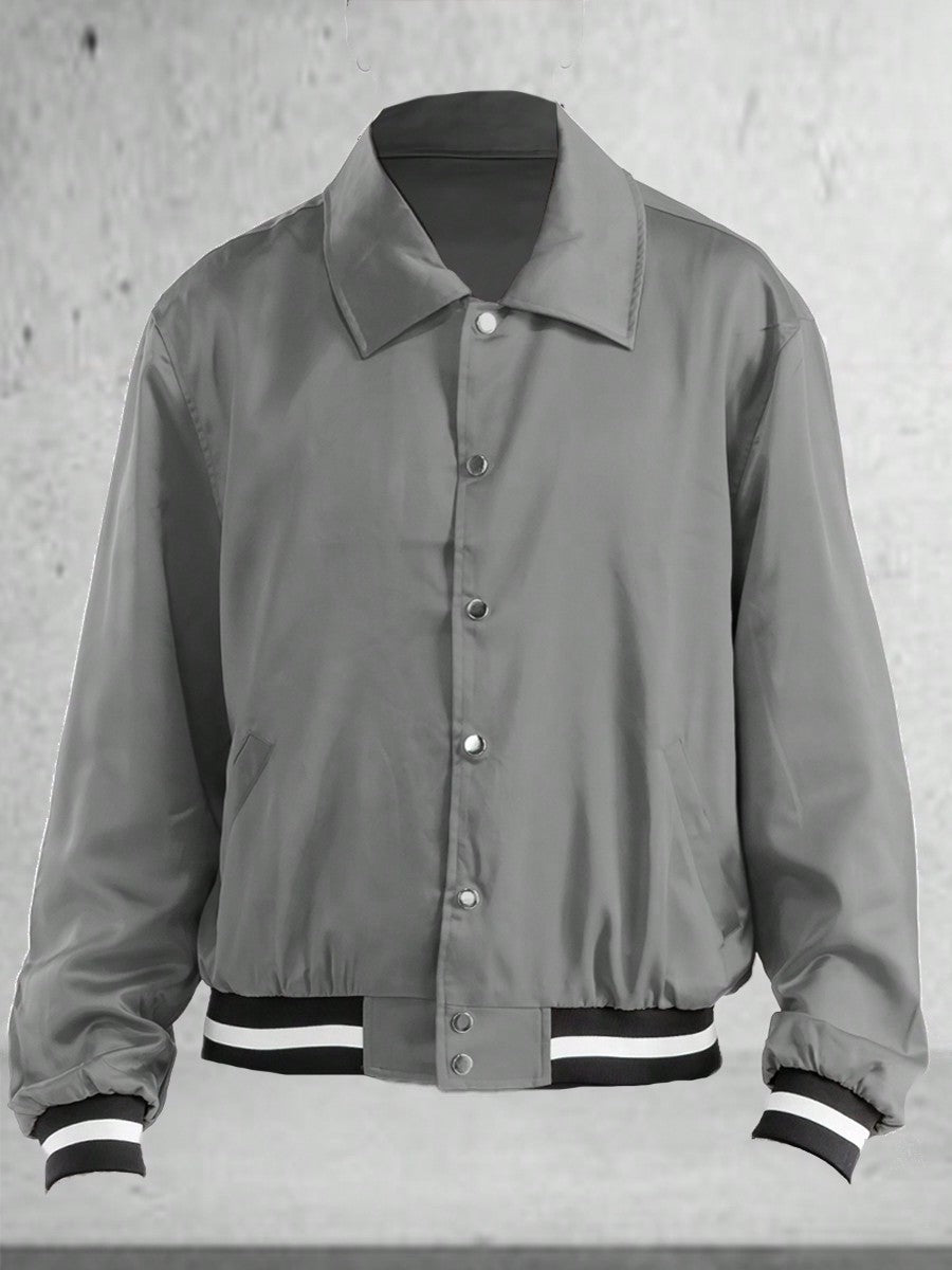 Men's Plain Varsity Jacket Satin Casual Stand Collar Solid Baseball Striped Flight Jacket