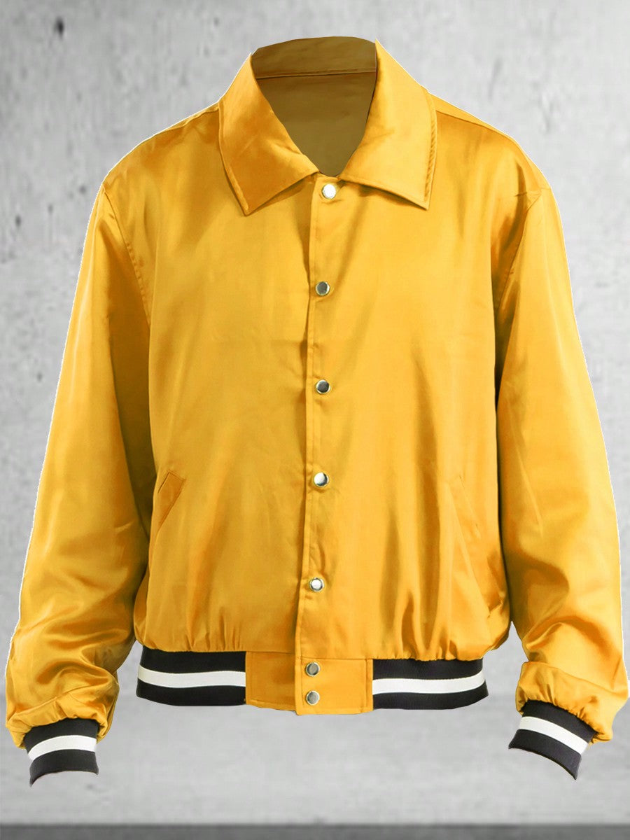 Men's Plain Varsity Jacket Satin Casual Stand Collar Solid Baseball Striped Flight Jacket