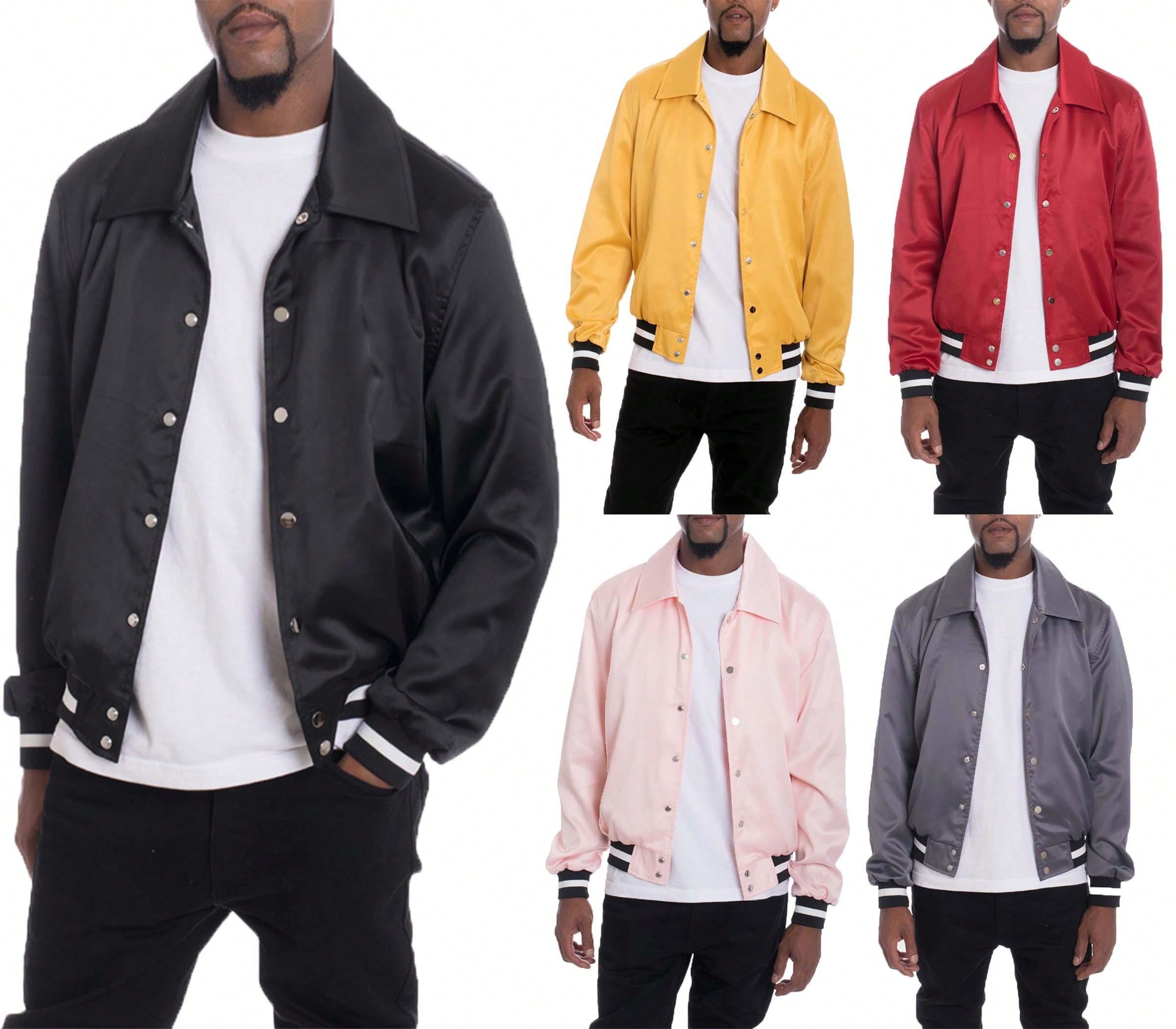 Men's Plain Varsity Jacket Satin Casual Stand Collar Solid Baseball Striped Flight Jacket