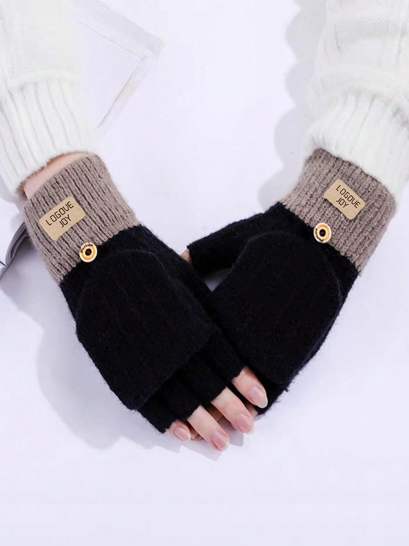 1 Pair Women's Fashion Winter Warm Fingerless Flip Mitten Gloves, Solid Color Knitted Halloween