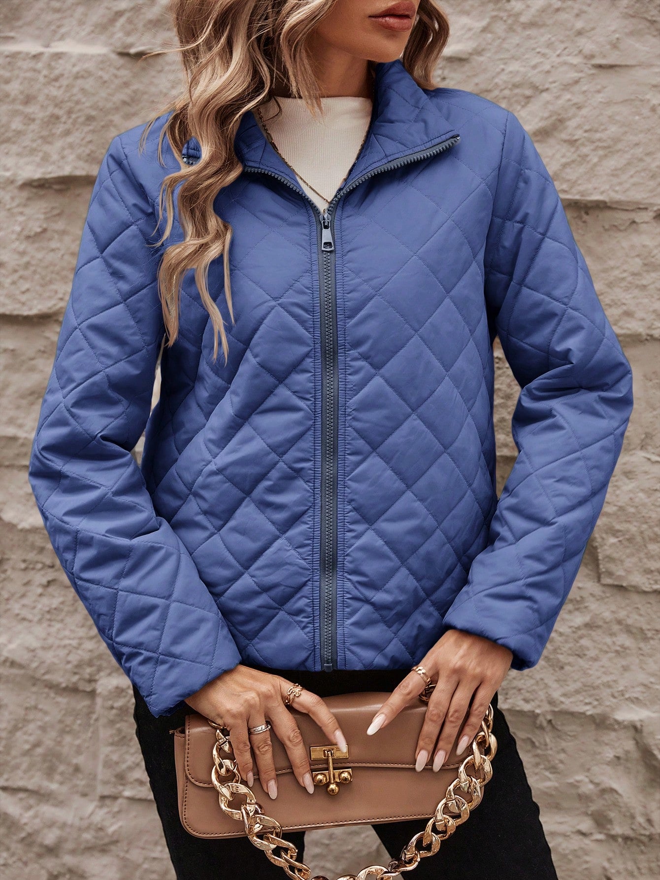 LUNE Rhombus Quilted Lightweight Stand Collar Zip Up Jacket Coat For Women