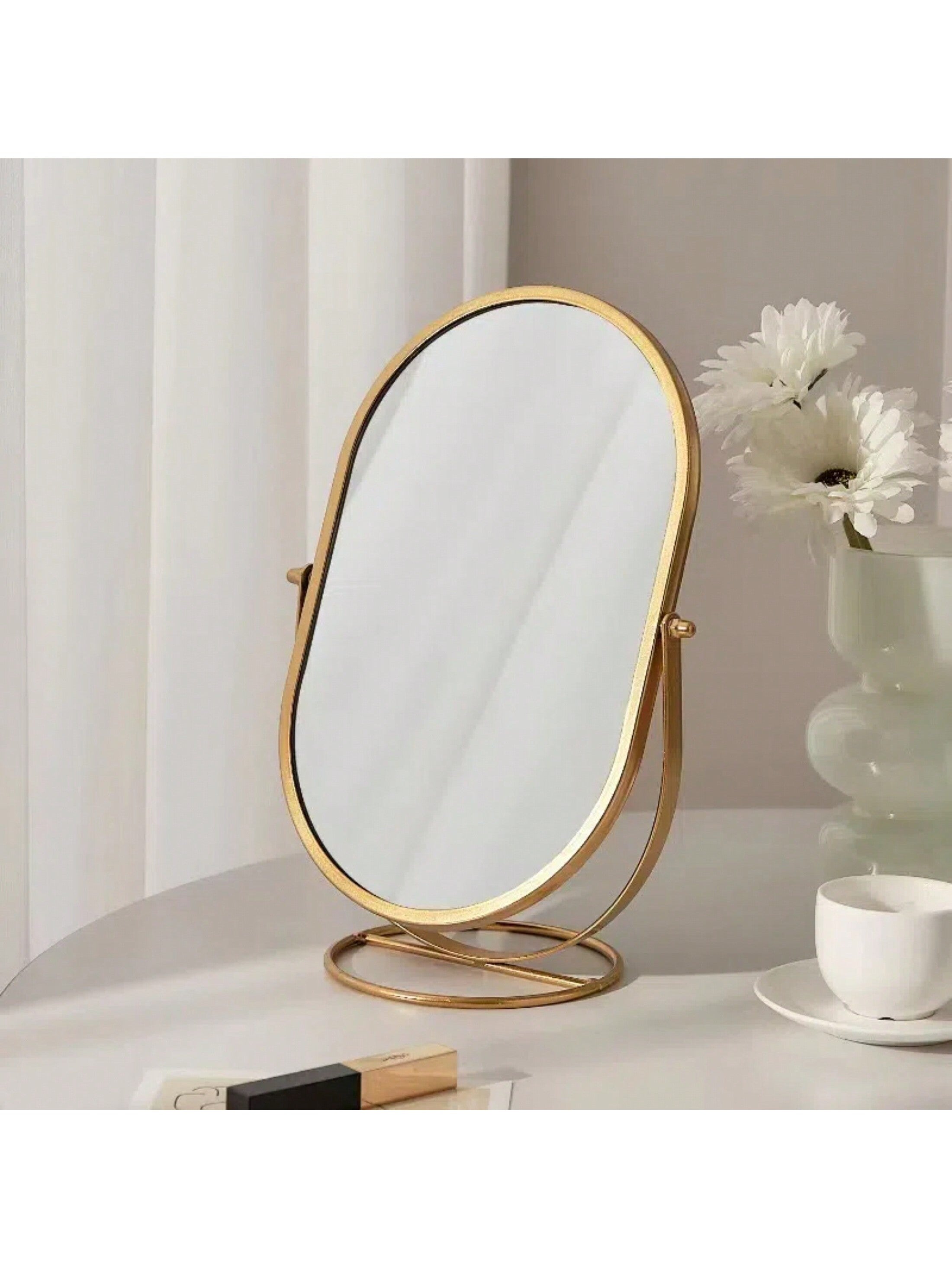 1pc Desktop Luxury Makeup Mirror Vanity Mirror Rotatable Mirror High Definition Mirror Surface Metal Frame For Student Dorm Beauty