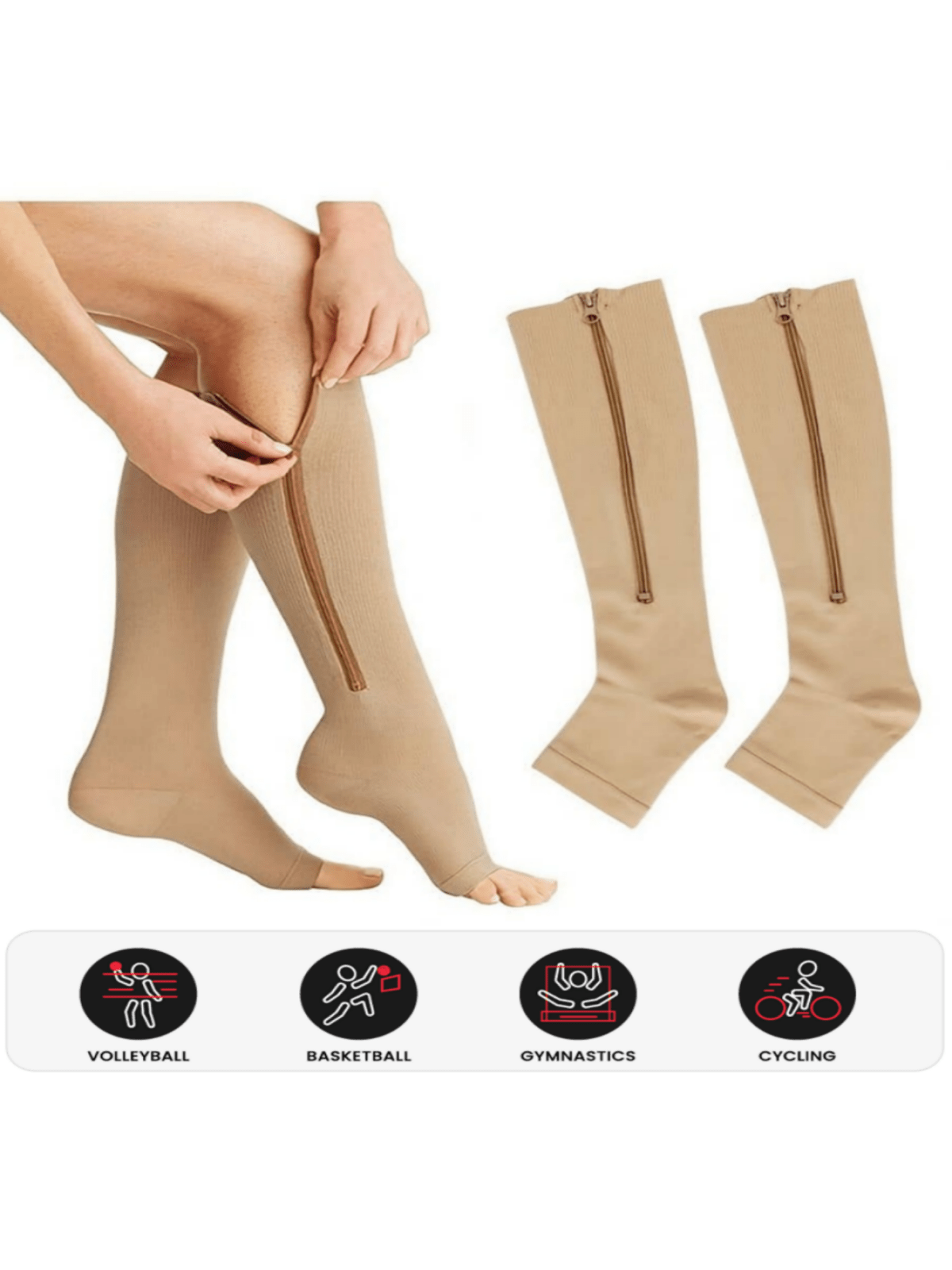 Sports Outdoor 1 Pair Women's Toeless Compression Socks, Side Zip Knee High Socks, Comfortable For Movement, Varicose Vein Prevention Socks, Socks That Fit Next To The Skin