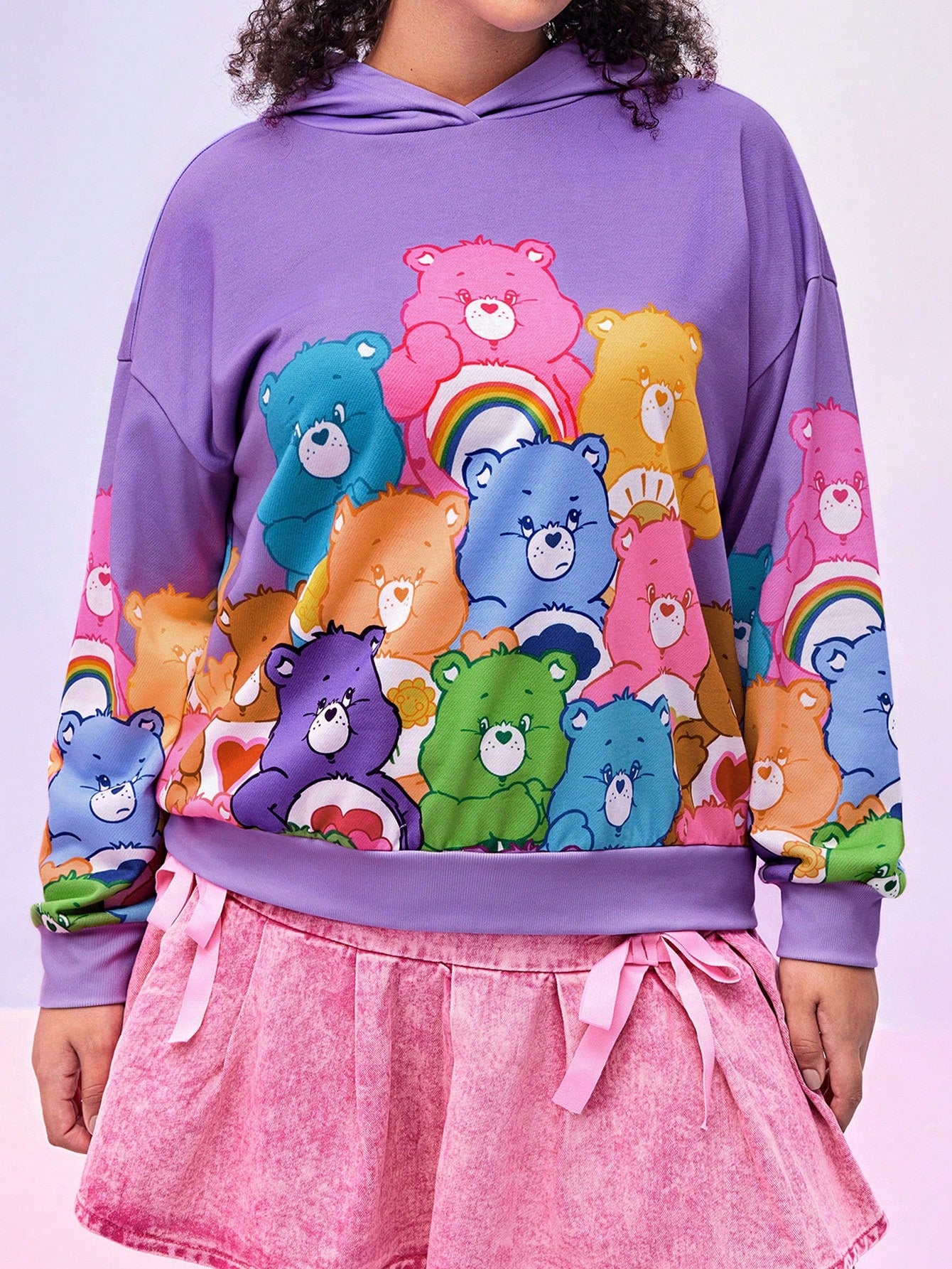 Care Bears Plus Size Dropped Shoulder Loose Cute Cartoon Bear Print Purple Hoodie,Spring Autumn