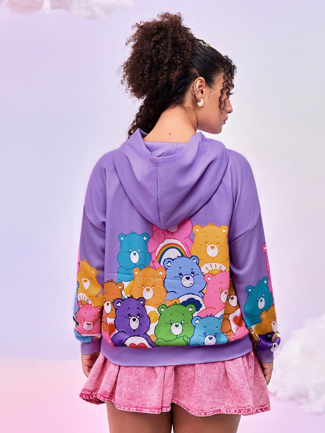 Care Bears Plus Size Dropped Shoulder Loose Cute Cartoon Bear Print Purple Hoodie,Spring Autumn