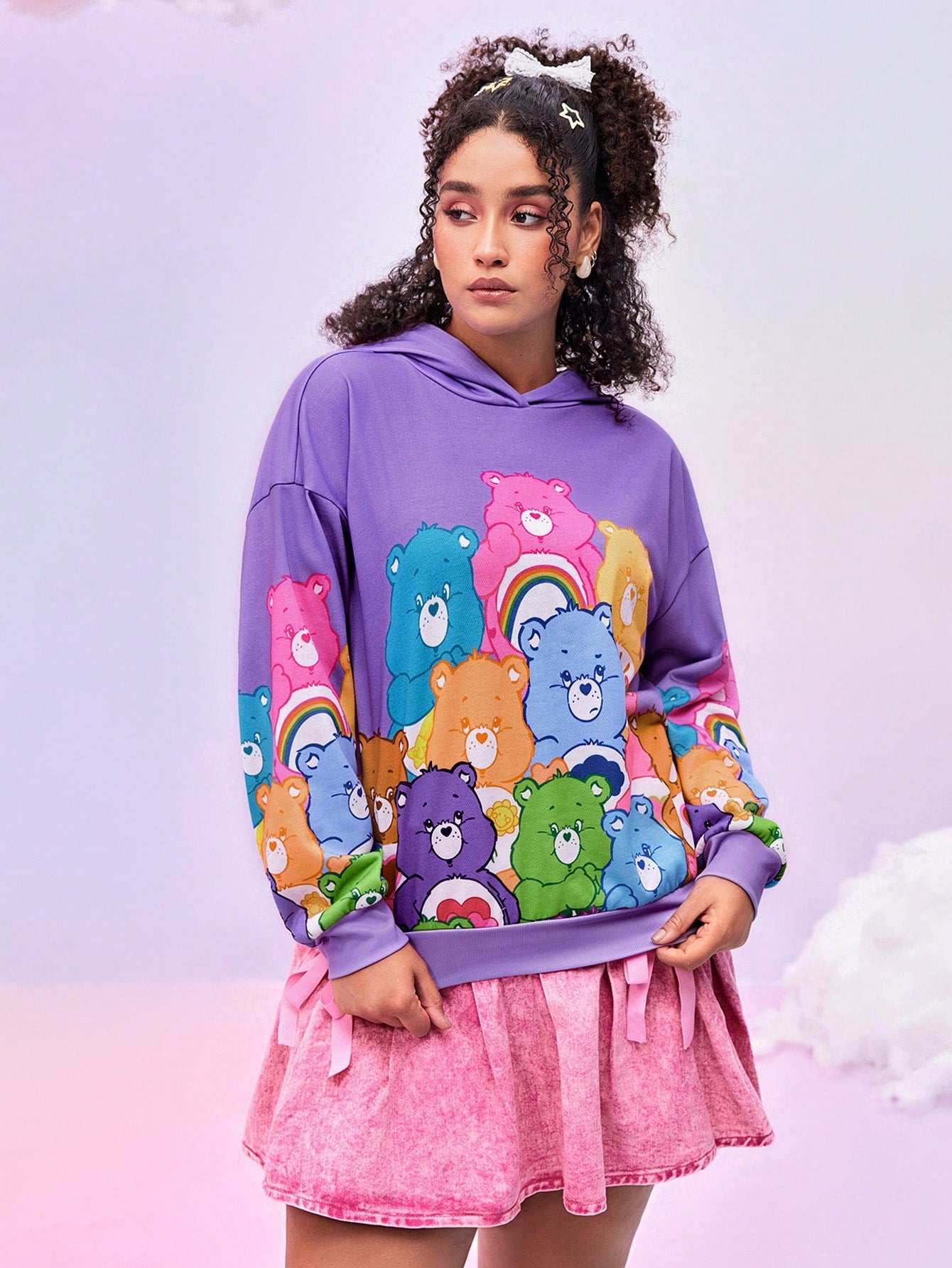 Care Bears Plus Size Dropped Shoulder Loose Cute Cartoon Bear Print Purple Hoodie,Spring Autumn