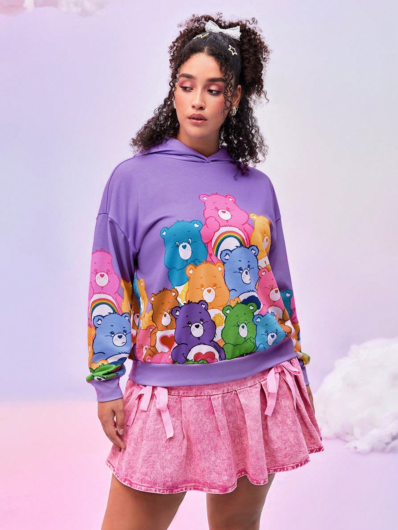 Care Bears Plus Size Dropped Shoulder Loose Cute Cartoon Bear Print Purple Hoodie,Spring Autumn