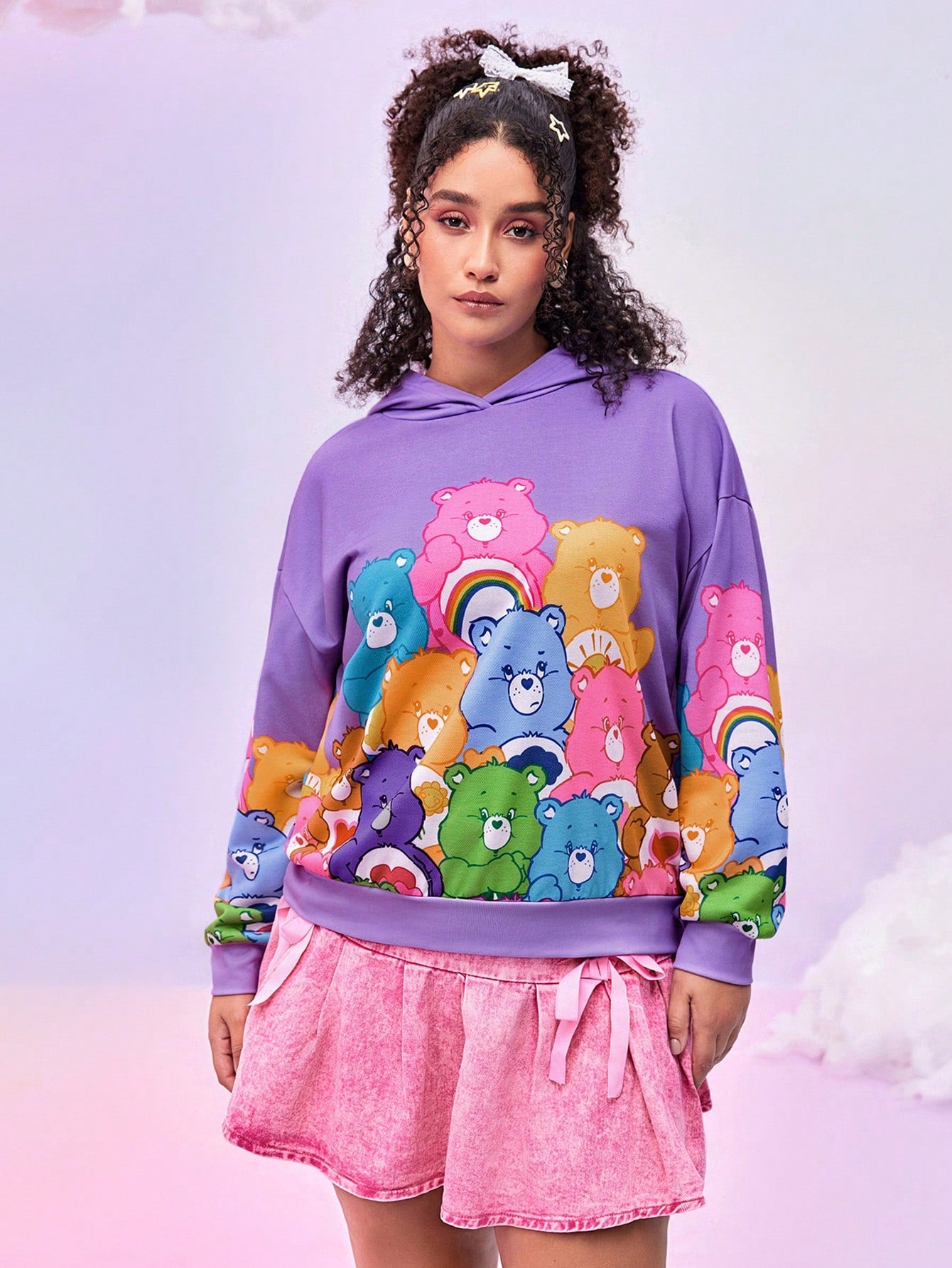 Care Bears Plus Size Dropped Shoulder Loose Cute Cartoon Bear Print Purple Hoodie,Spring Autumn