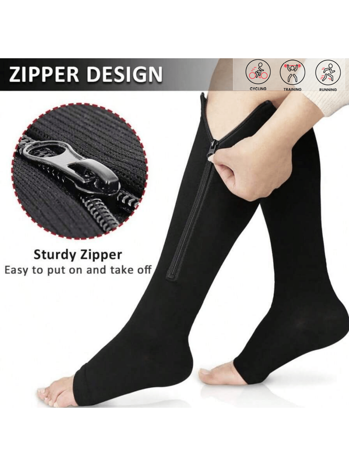 Zip-Up Compression Socks, 15-20mmHg, Knee-High, Toeless Design, For Sports