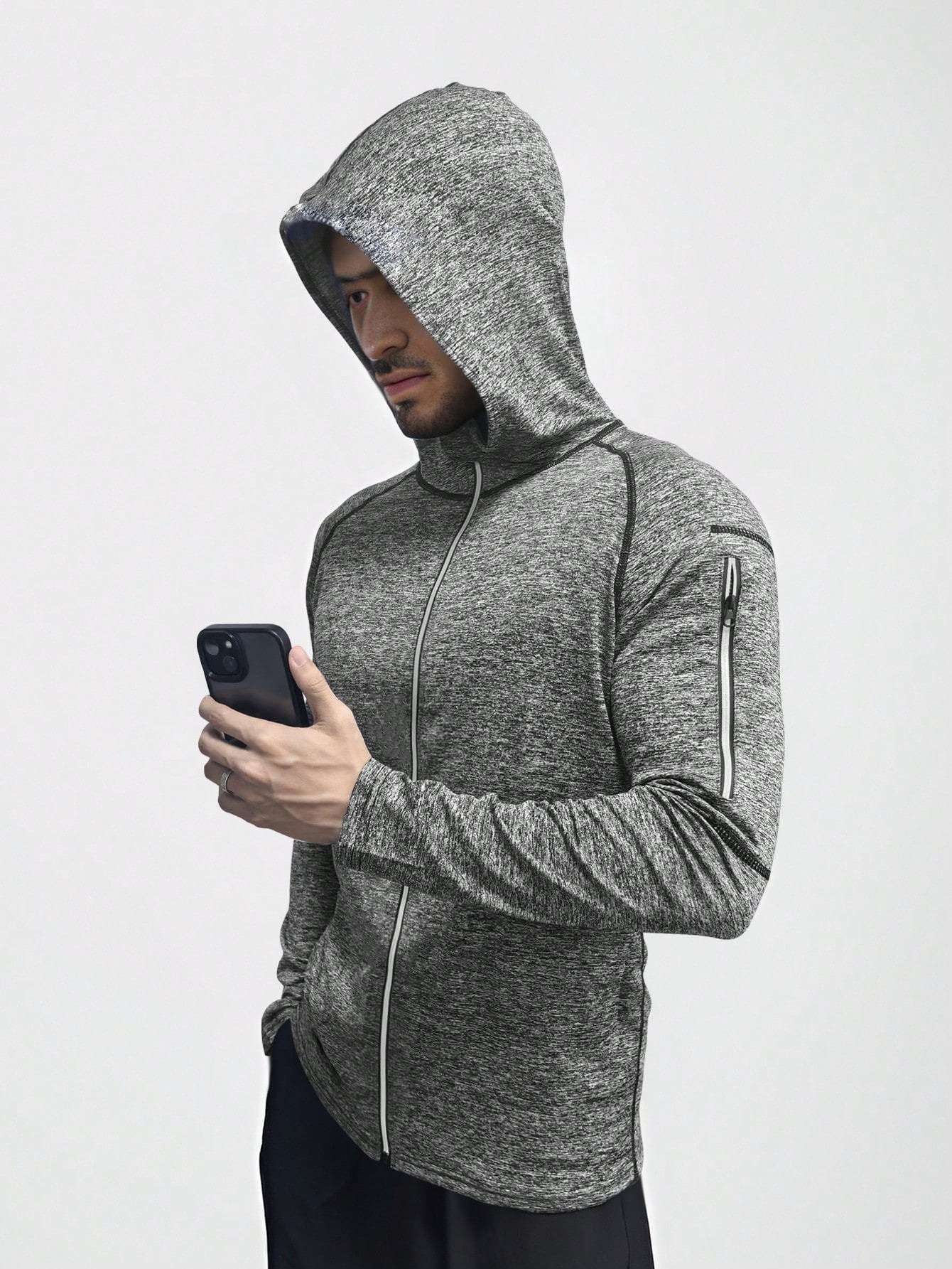 Grey Sports Fitness Hoodie Boyfriend Style Men's Dry Fit Moisture Wicking Long Sleeve Active Athletic Hoodie Pullover Sweatshirt