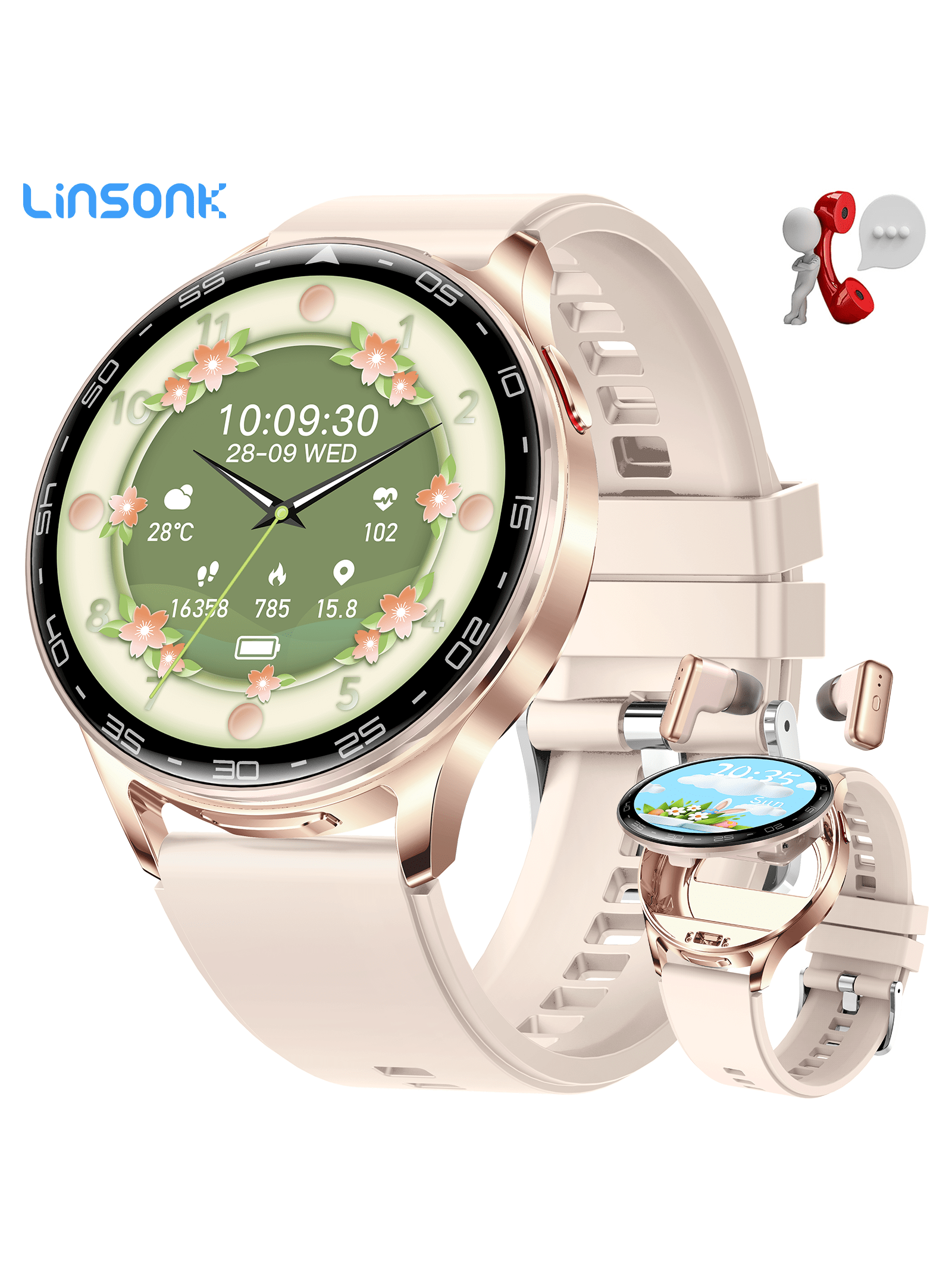 LinsonK 1pc Smart Watches For Women Men With Earbuds Bluetooth Call 1.39