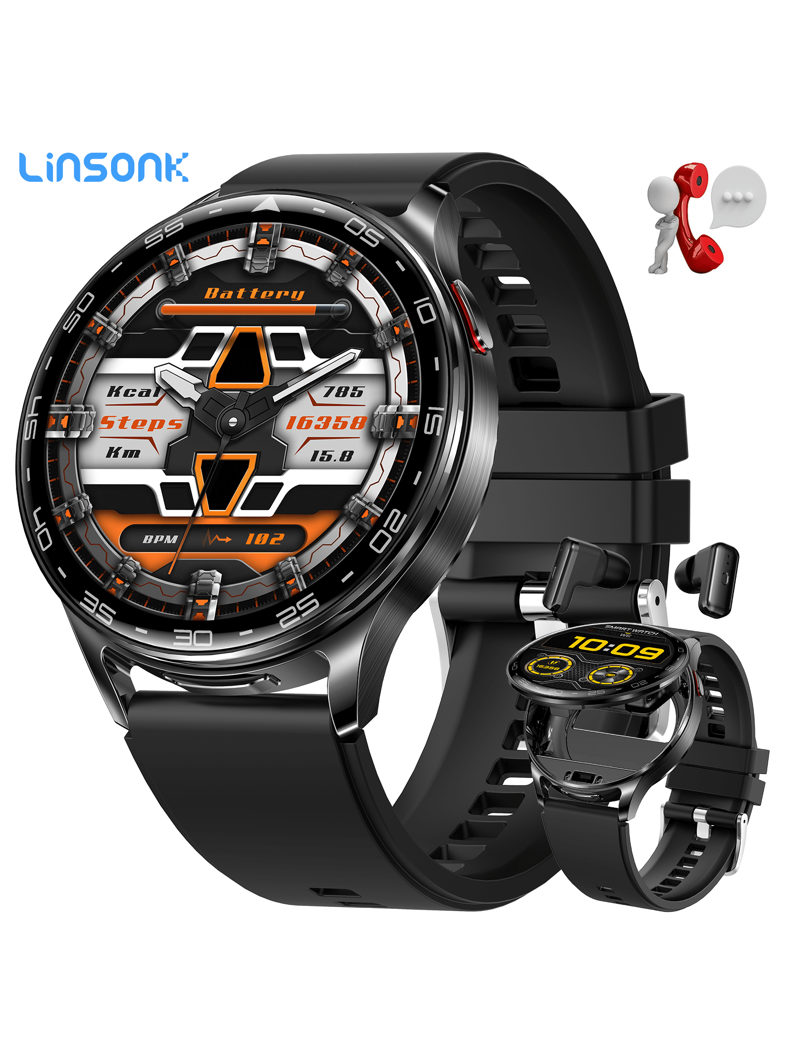 LinsonK 1pc Smart Watches For Women Men With Earbuds Bluetooth Call 1.39