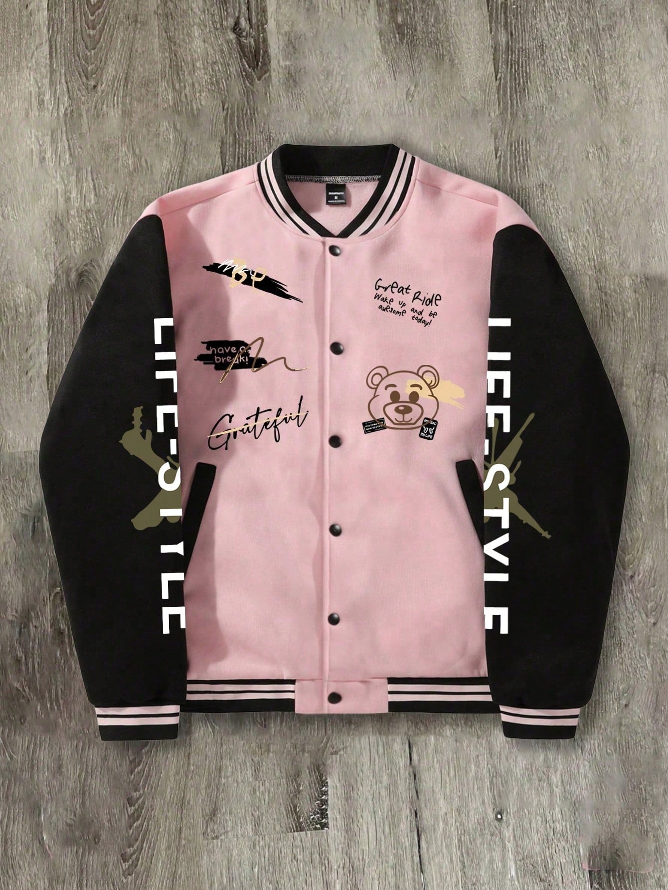 Manfinity EMRG Men's Loose Slogans Cartoon Bear Print Long Sleeve Casual Baseball Jacket, Autumn