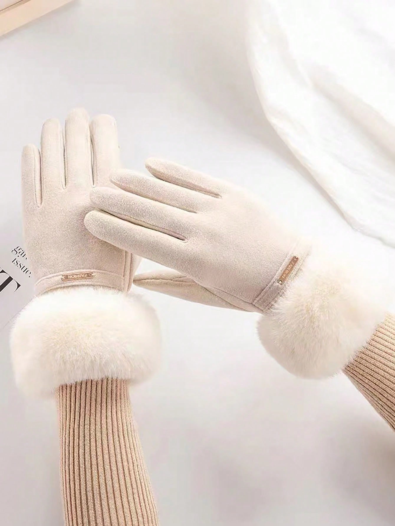 Women's Touchscreen Gloves In Beige, Waterproof With Soft Warm Fleece Lining, Winter Outdoor Gloves Halloween