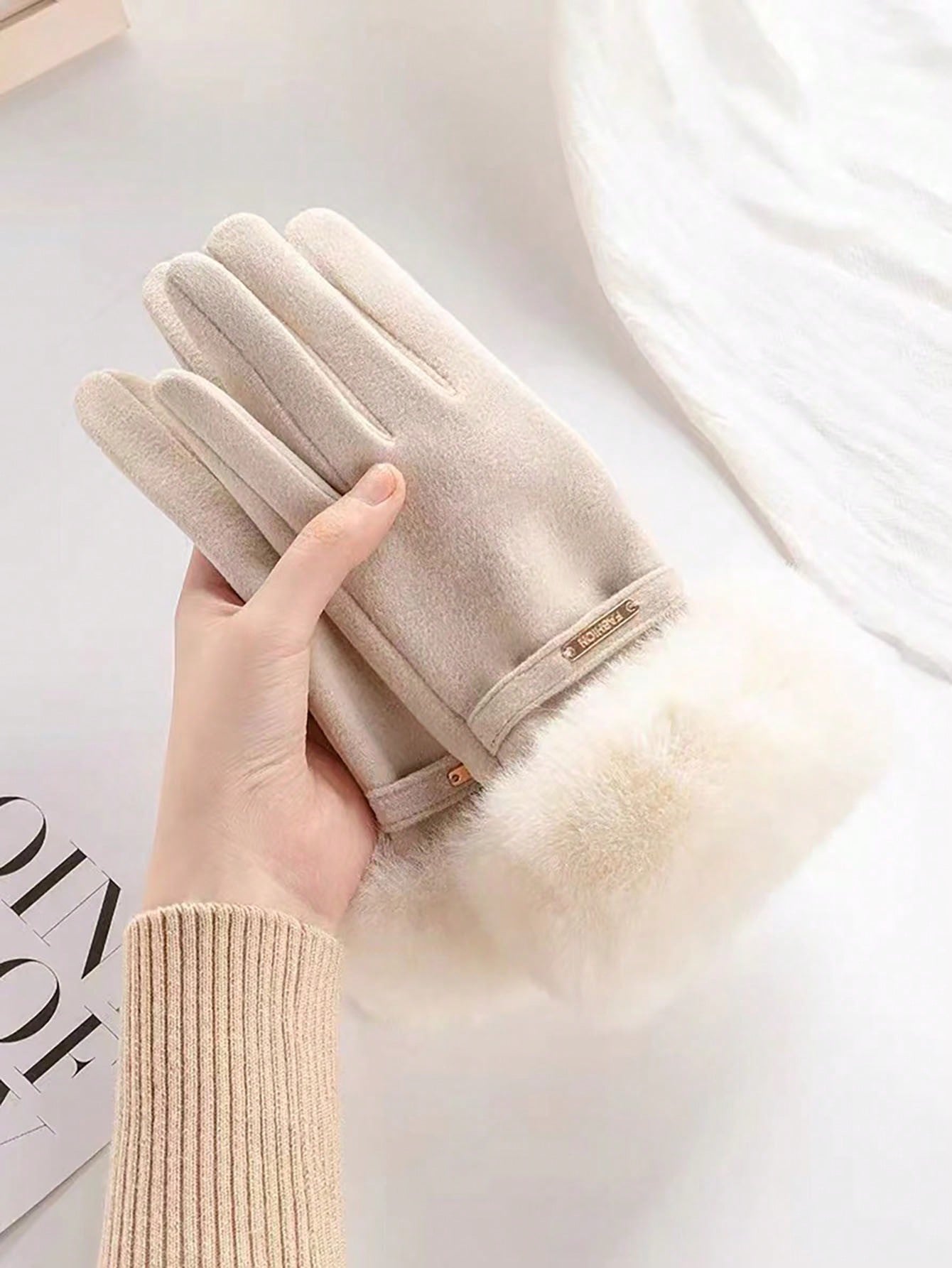 Women's Touchscreen Gloves In Beige, Waterproof With Soft Warm Fleece Lining, Winter Outdoor Gloves Halloween