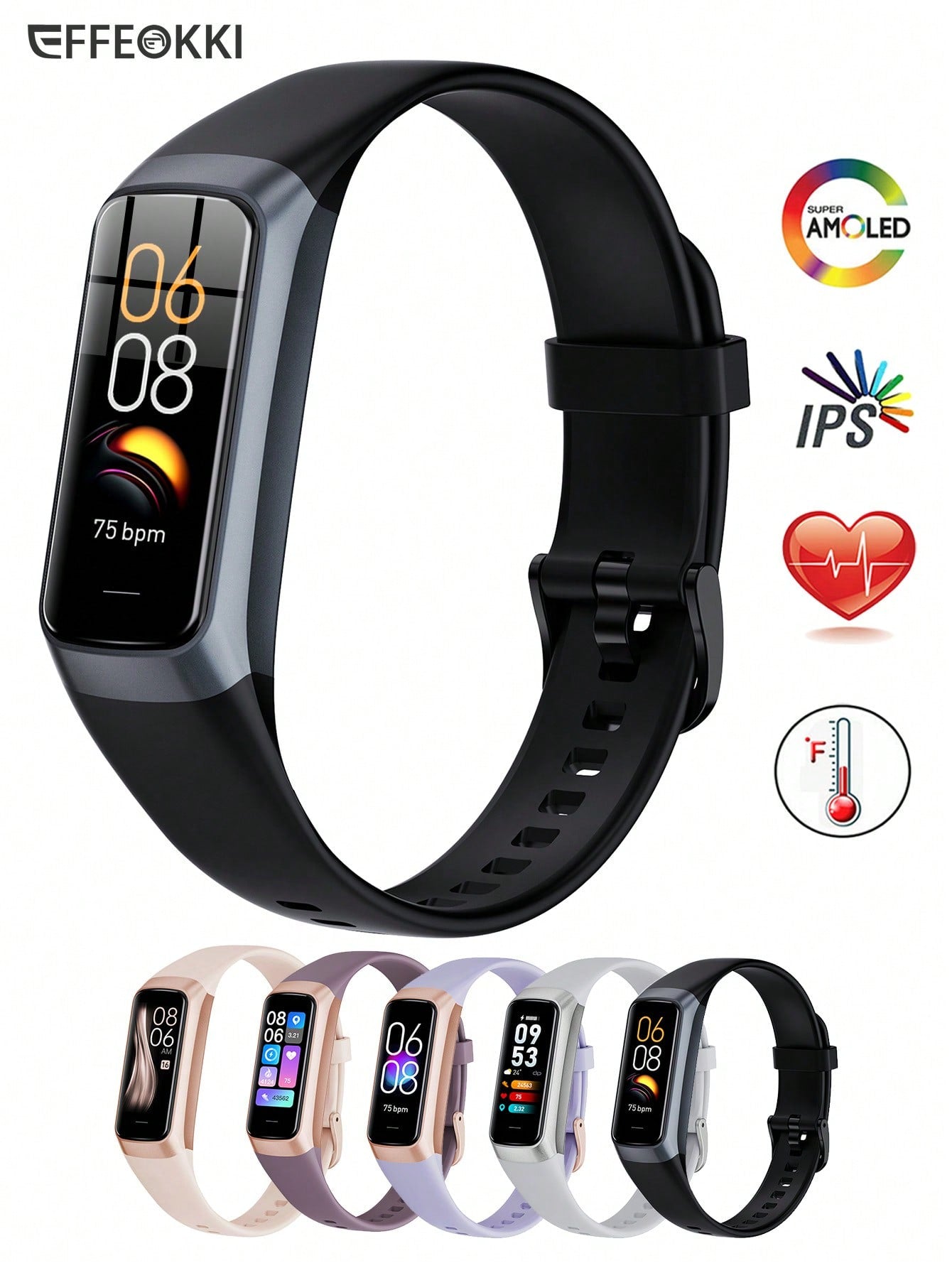 EFFEOKKI 1pc Black Silicone Strap Fitness Tracker Activity For Women Men, 1.1" AMOLED Color Display Smart Watch, Waterproof Sport Watch, 24/7Heart Rate Monitor, Indoor Outdoor Tracking, Sleep Monitor Smart Band Compatible With Iphone Android Phone