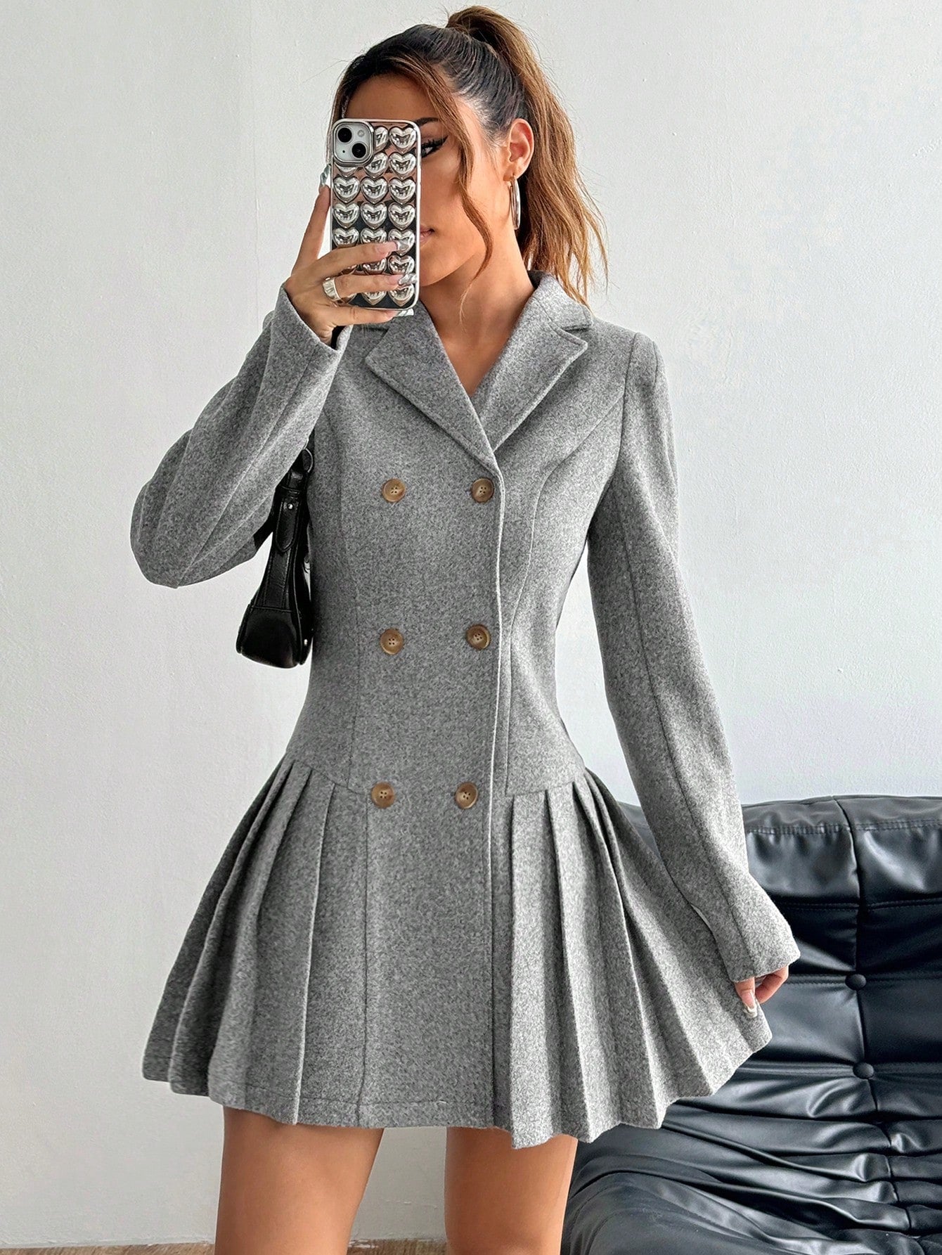 MOOSTA Women's Casual Double-Breasted Pleated Overcoat, Fall/Winter