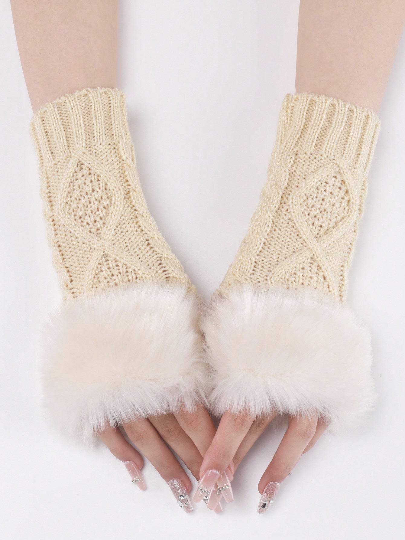 1 Pair Women's White Short Knitted Fingerless Gloves With Fur Edge, Autumn