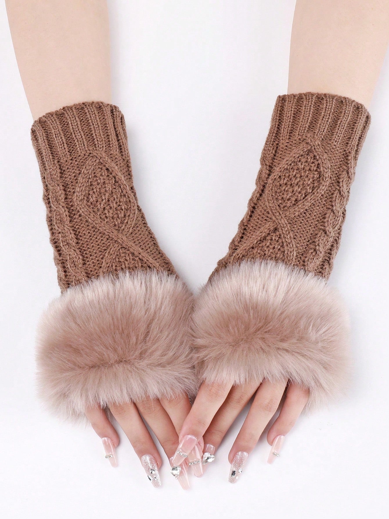 1 Pair Women's White Short Knitted Fingerless Gloves With Fur Edge, Autumn