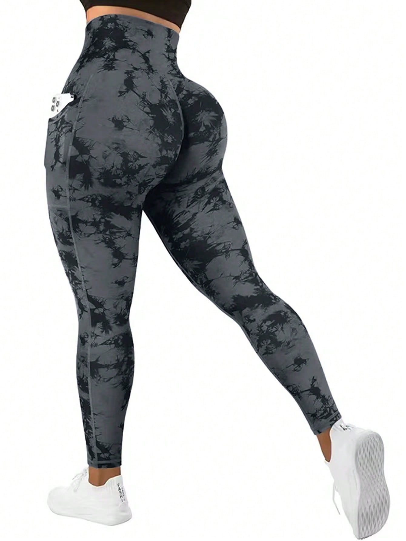 1pc Pocket Button Tie-Dye Printed Women Sports Yoga Pants High Waist Tummy Control Leggings For Outdoor Cycling Running Tennis