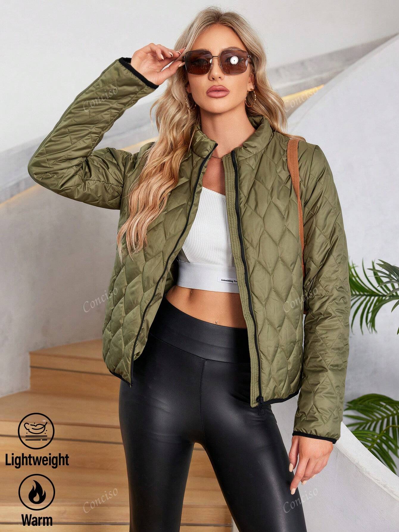 Casual Quilted Stand-Up Collar Zip Up Puffer Bomber Jacket Coat