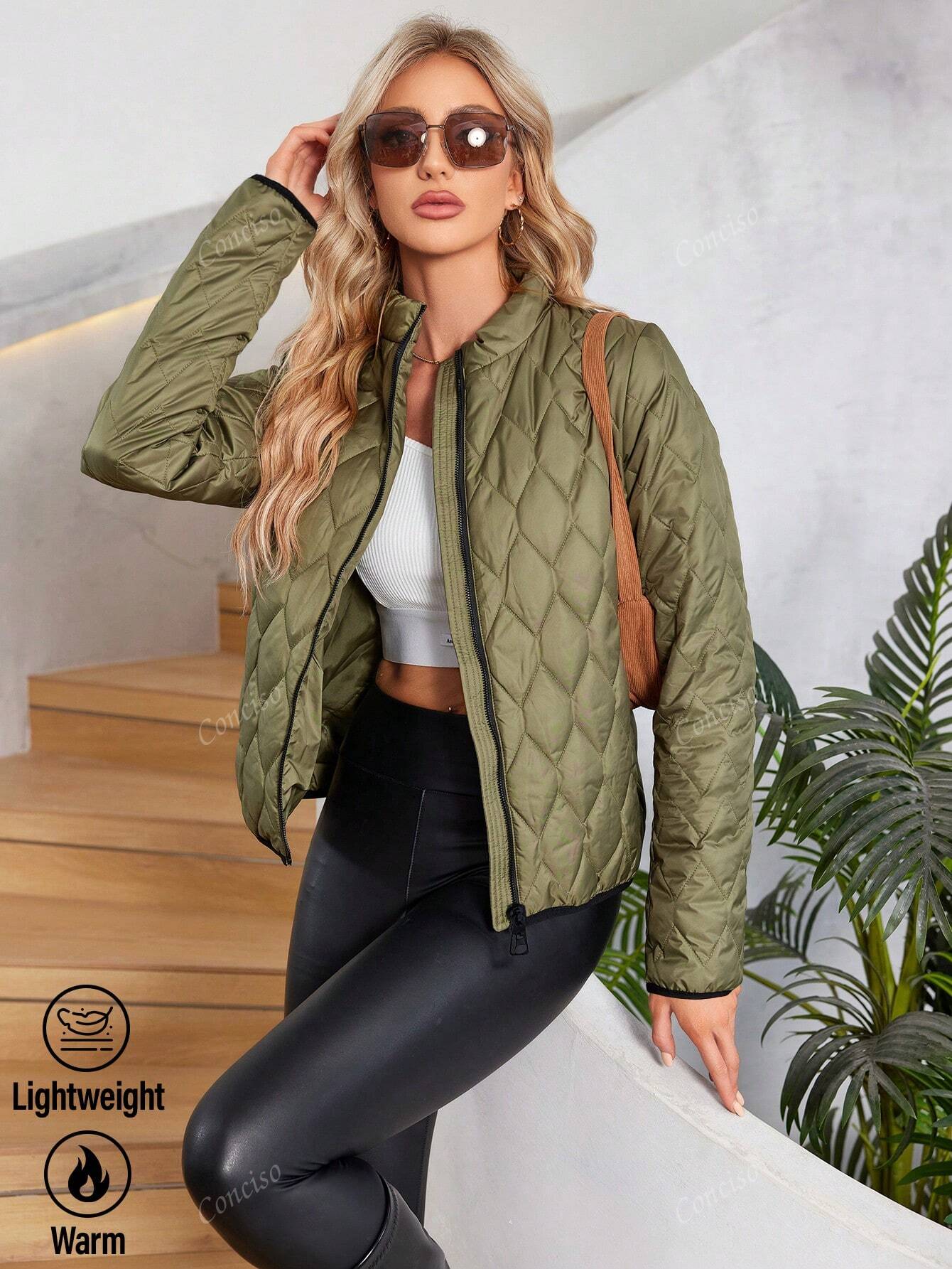 Casual Quilted Stand-Up Collar Zip Up Puffer Bomber Jacket Coat