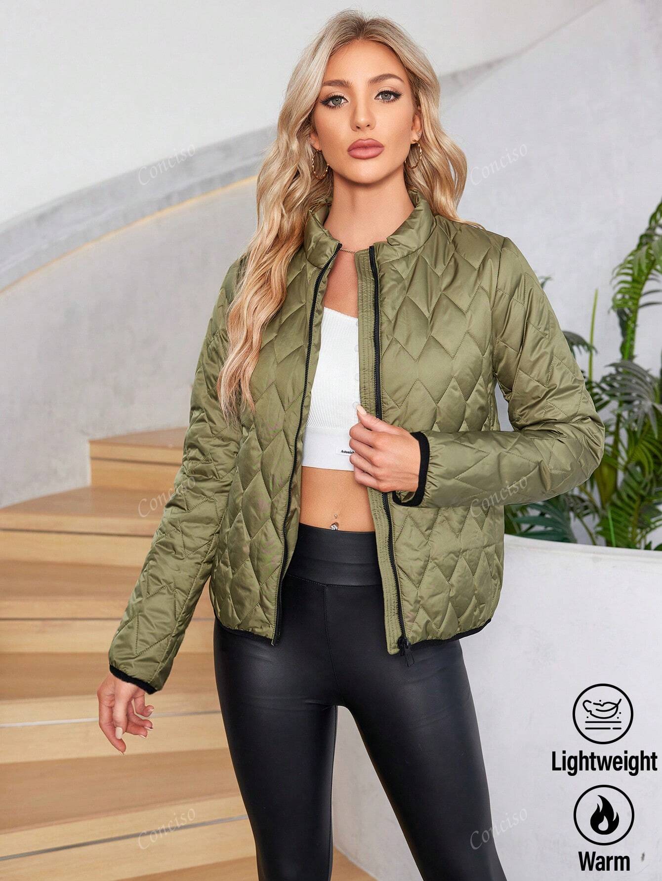 Casual Quilted Stand-Up Collar Zip Up Puffer Bomber Jacket Coat