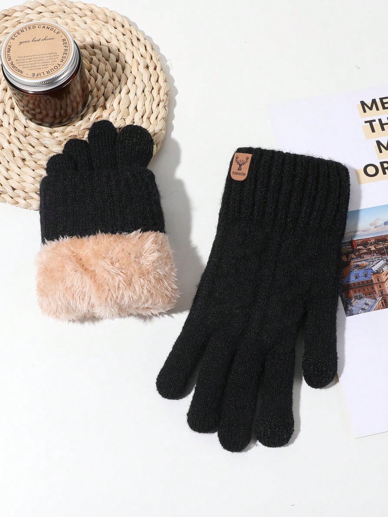 1pair Unisex Thermal Lined Winter Warm Gloves, Touch Screen