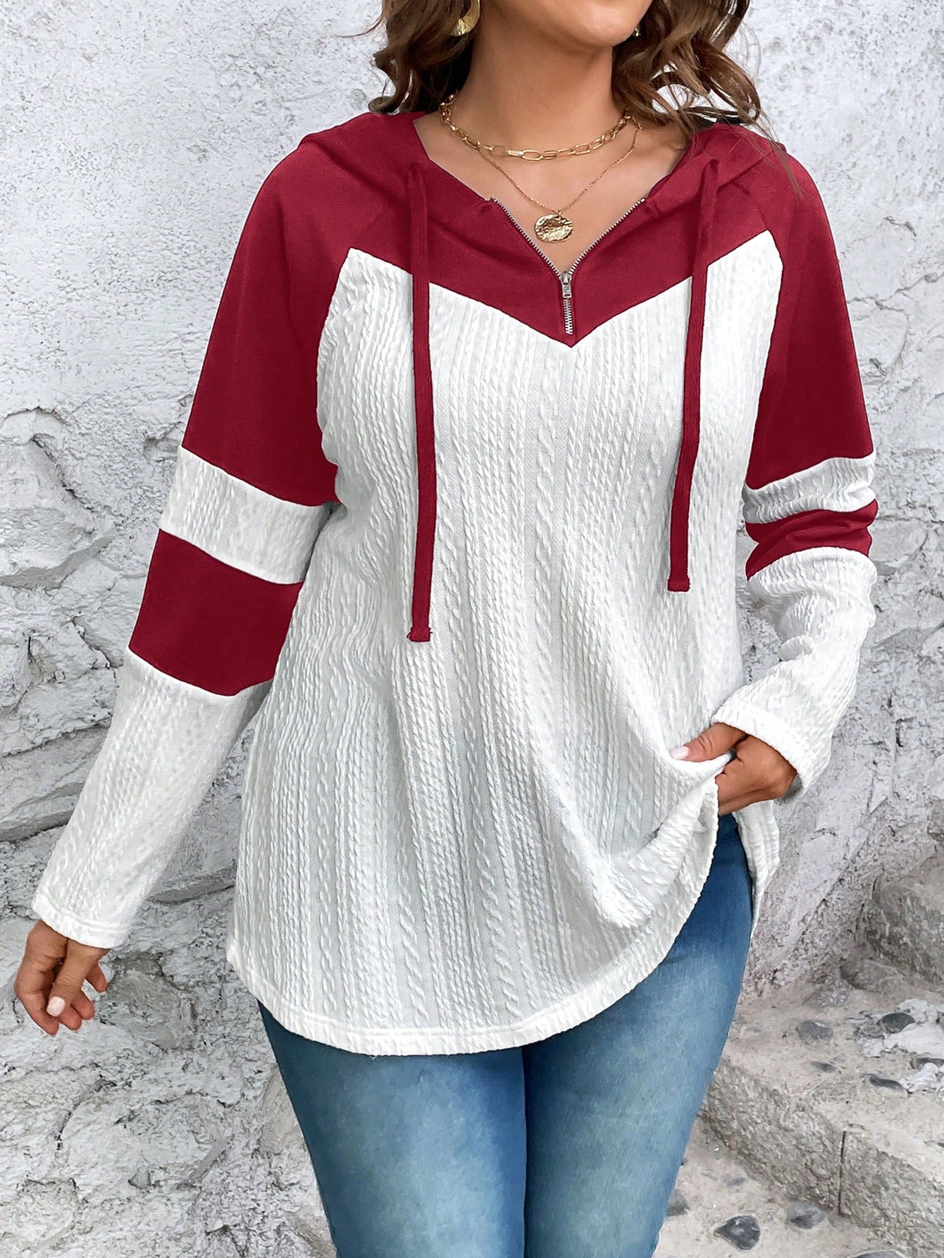 ROSE Plus Colorblock Raglan Sleeve Drawstring Hooded Sweatshirt