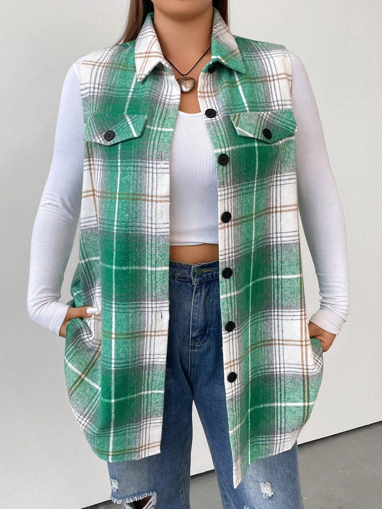 Plus Size Casual Plaid Sleeveless Jacket, Autumn, For Winter