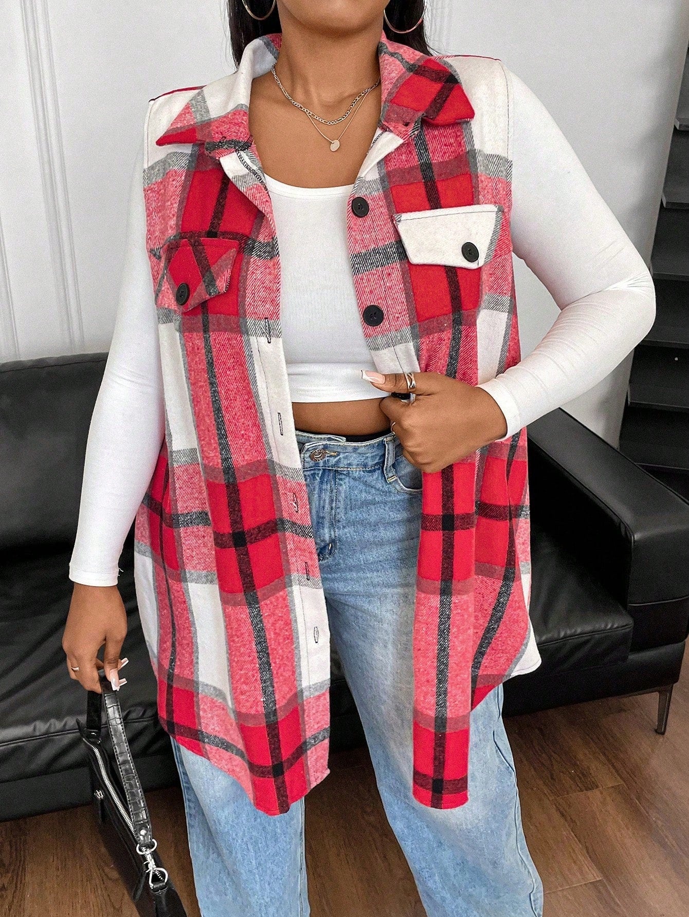 Plus Size Casual Plaid Sleeveless Jacket, Autumn, For Winter