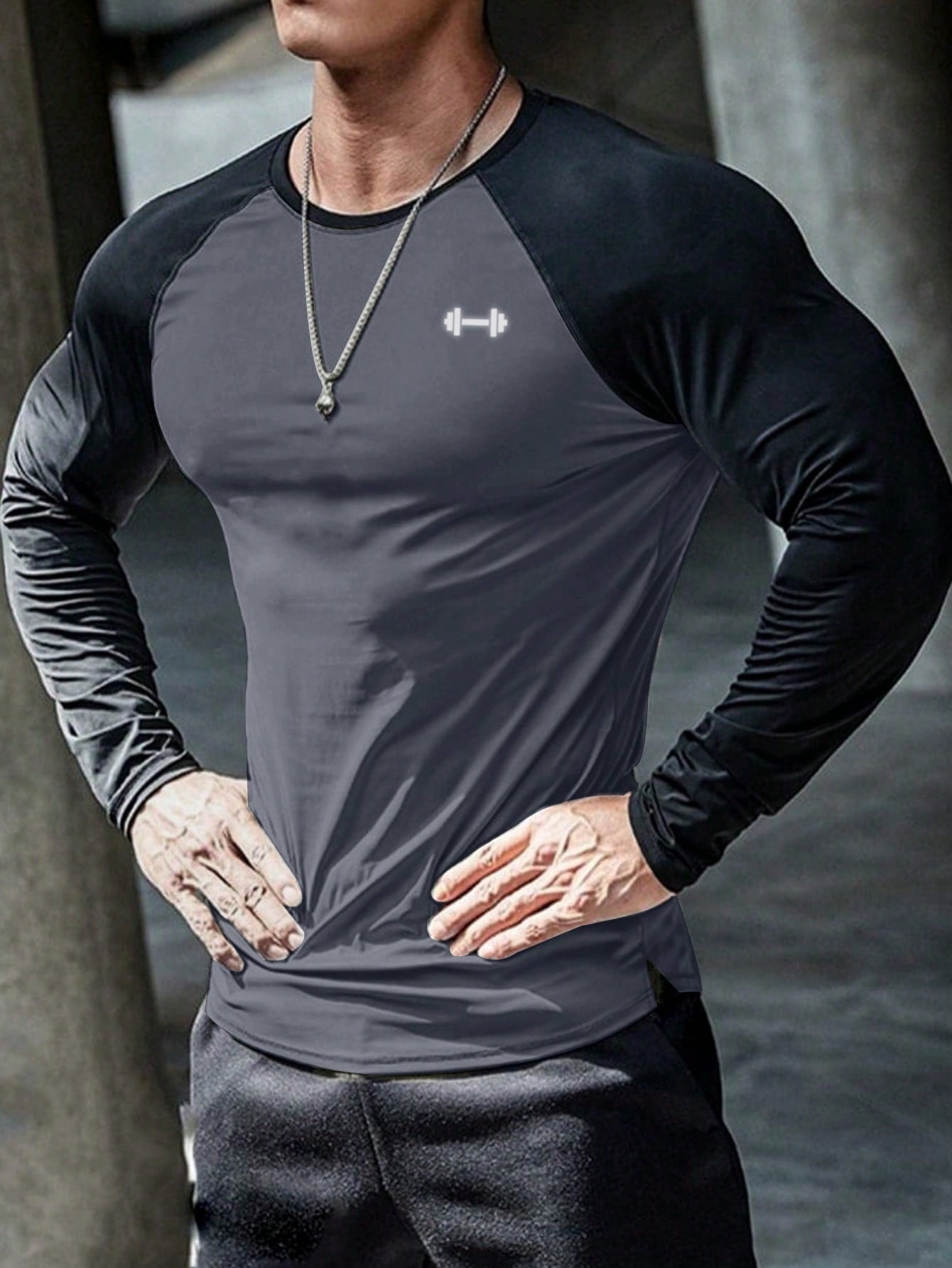 Manfinity Sport Corelite Boyfriend Style Men's Contrast Color Barbell Print Raglan Sleeve Casual Fitness Long Sleeve Shirt