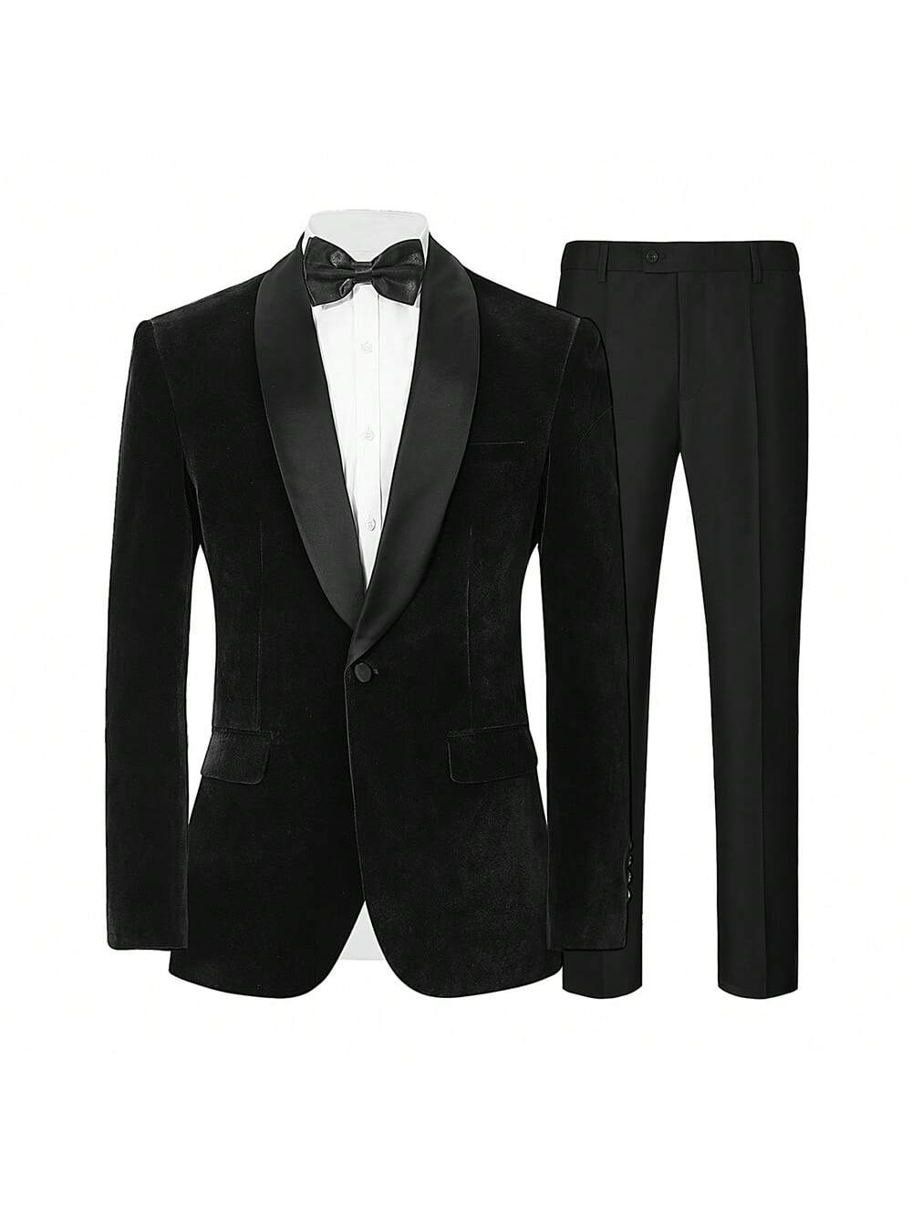 Men Suit 2 Pcs Velvet Tuxedo Jacket Blazer And Dress Pants Shawl Collar One Button Solid Color For Party Wedding