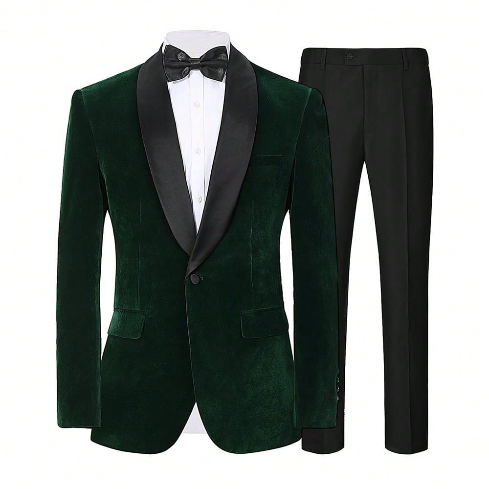 Men Suit 2 Pcs Velvet Tuxedo Jacket Blazer And Dress Pants Shawl Collar One Button Solid Color For Party Wedding