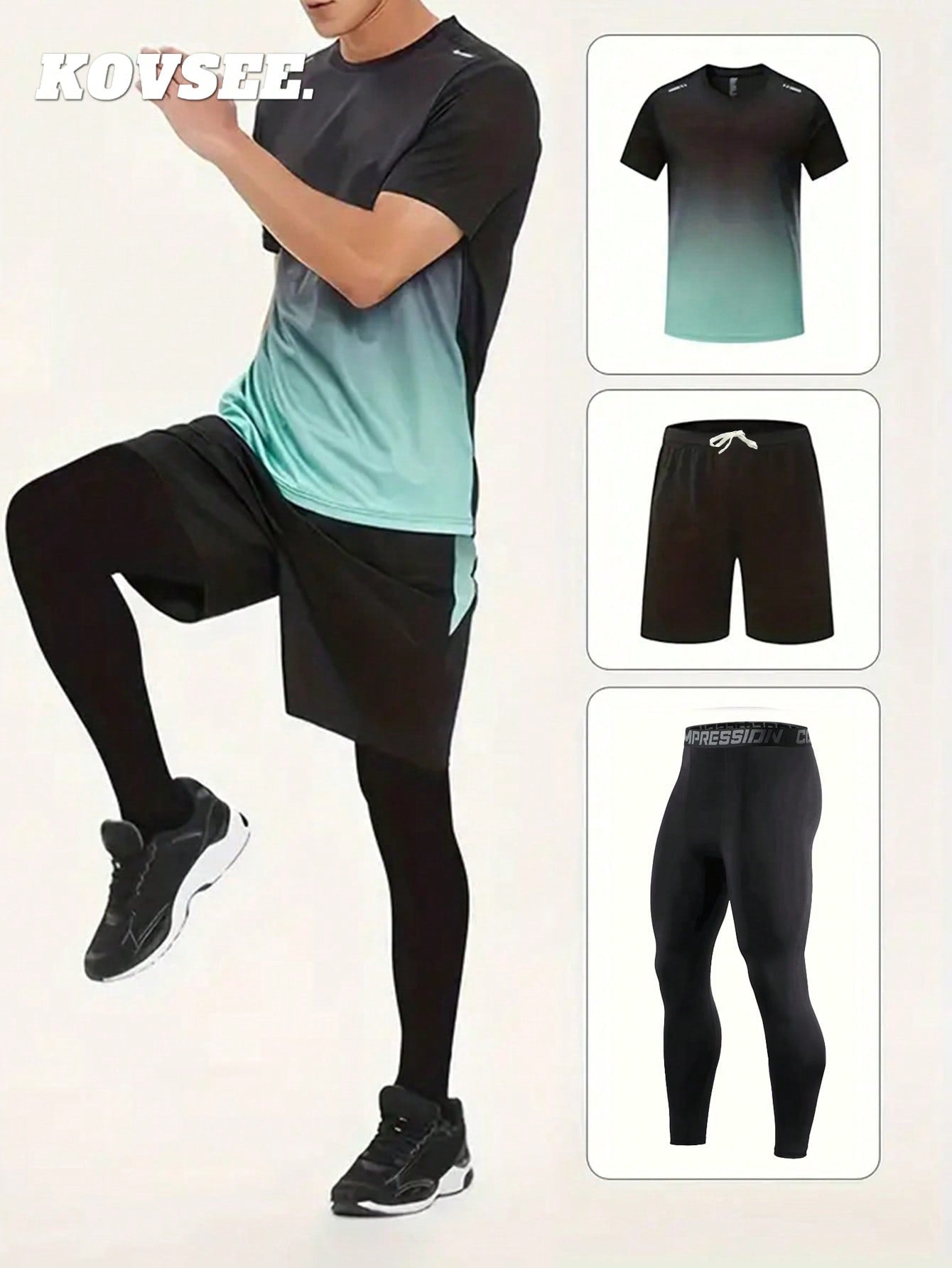 KOVSEE 3PCS Boyfriend Style Men's Outdoor Sports Running Basketball Soccer Jerseys Quick Dry Breathable Sports Suit Fitness