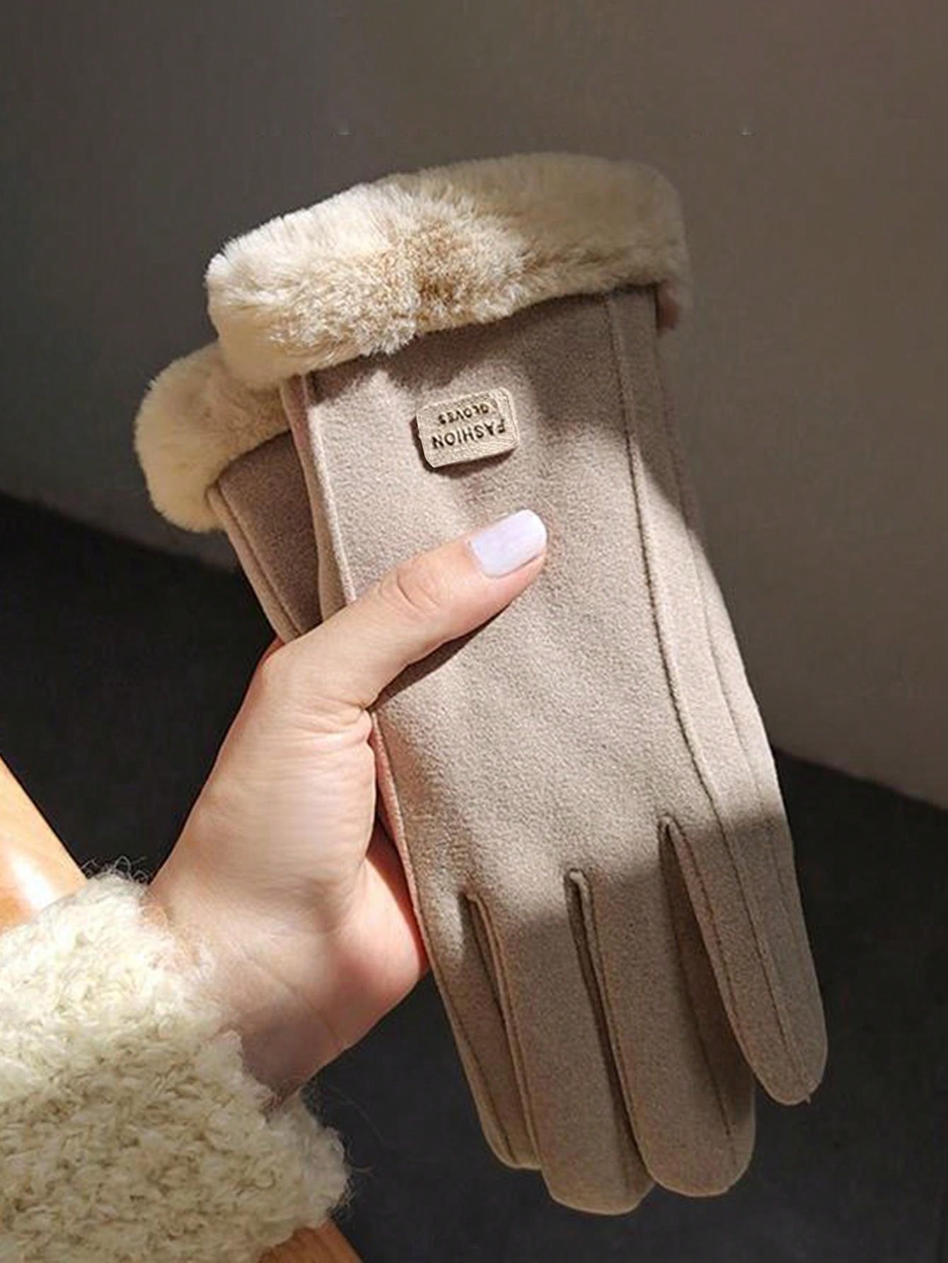 Wool Patchwork Fluffy Five-Finger Warm Thick Minimalist Gloves