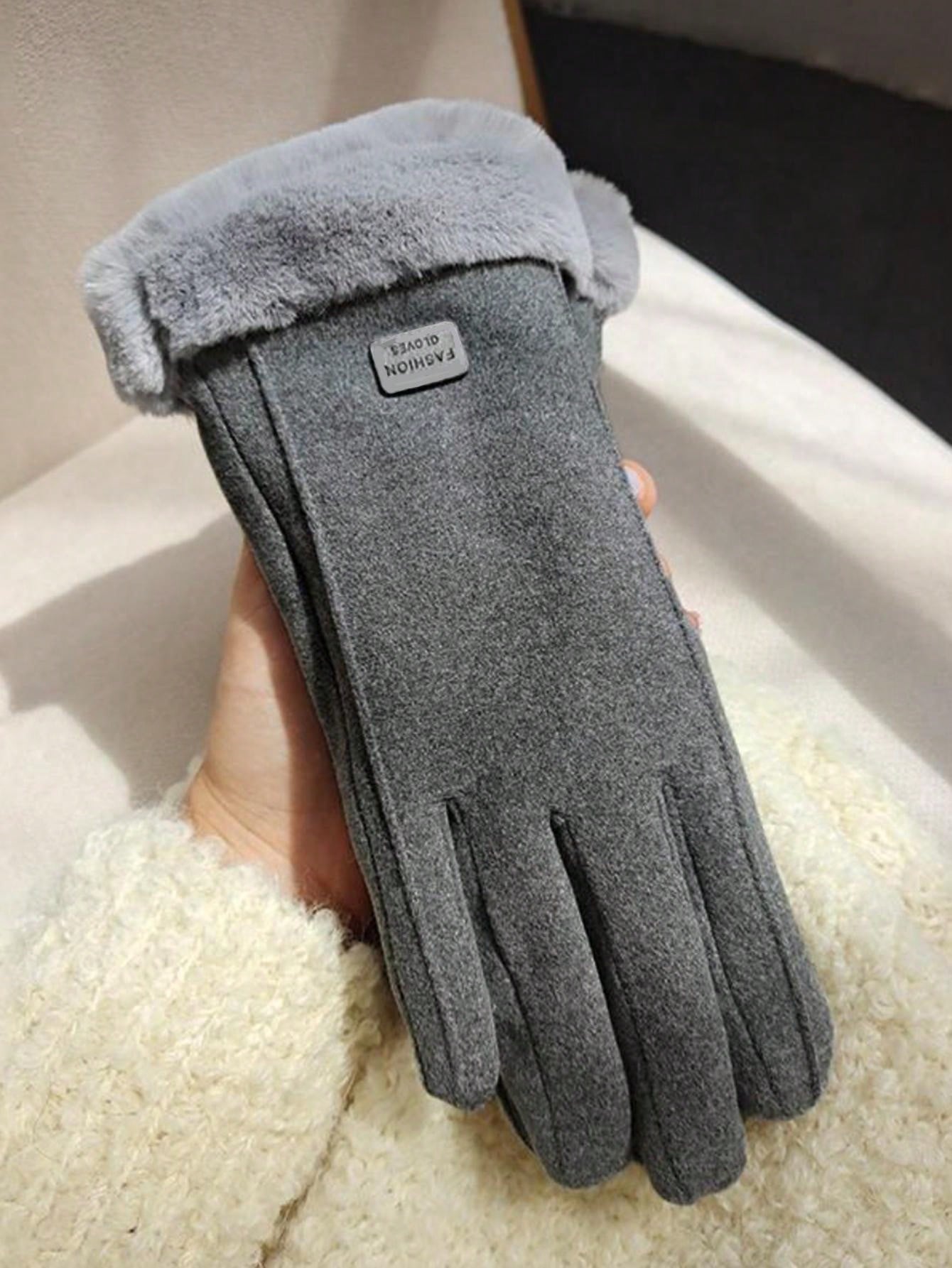 Wool Patchwork Fluffy Five-Finger Warm Thick Minimalist Gloves