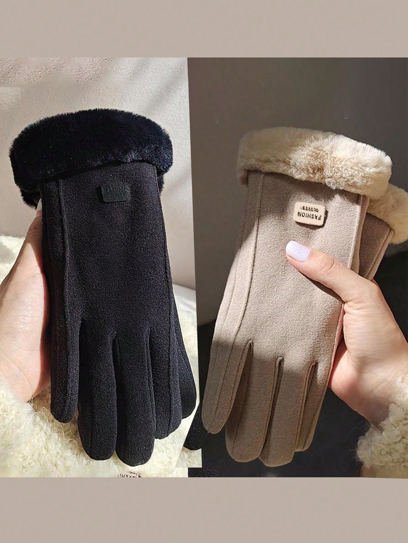 Wool Patchwork Fluffy Five-Finger Warm Thick Minimalist Gloves