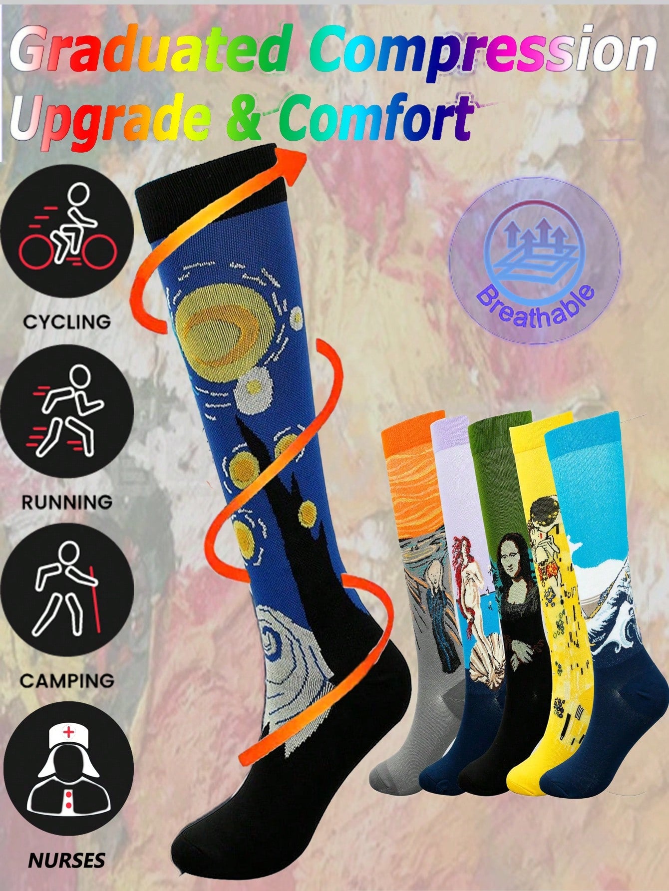 Vintage Oil Painting Compression Socks, Suitable For Running, Cycling, And Standing For Long Periods