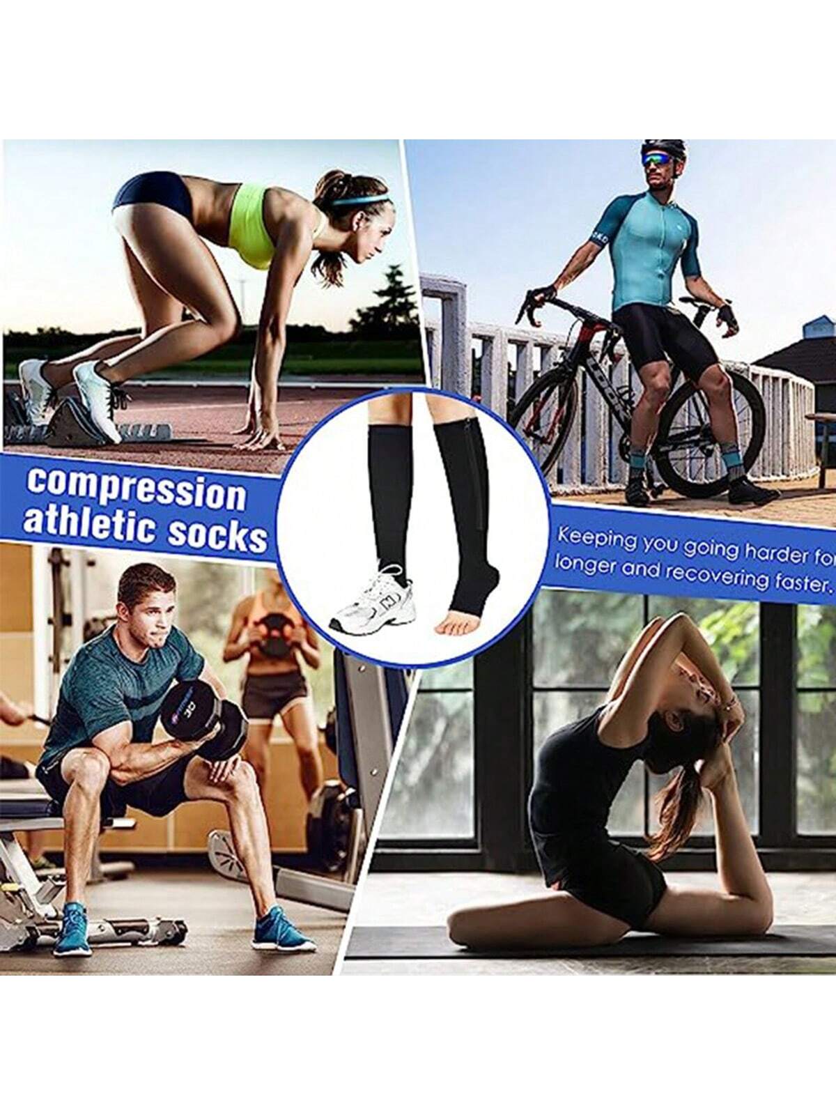 1 Pair Toe-Less Compression Socks With Side Zipper, Toe Exposed Pressure Socks, Multi-Functional Calf Sleeves, Sleep Elastic Compression Hosiery, Suitable For All-Day Wear, Sports Socks