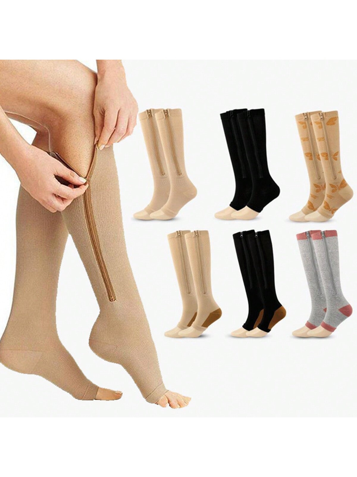 1 Pair Toe-Less Compression Socks With Side Zipper, Toe Exposed Pressure Socks, Multi-Functional Calf Sleeves, Sleep Elastic Compression Hosiery, Suitable For All-Day Wear, Sports Socks